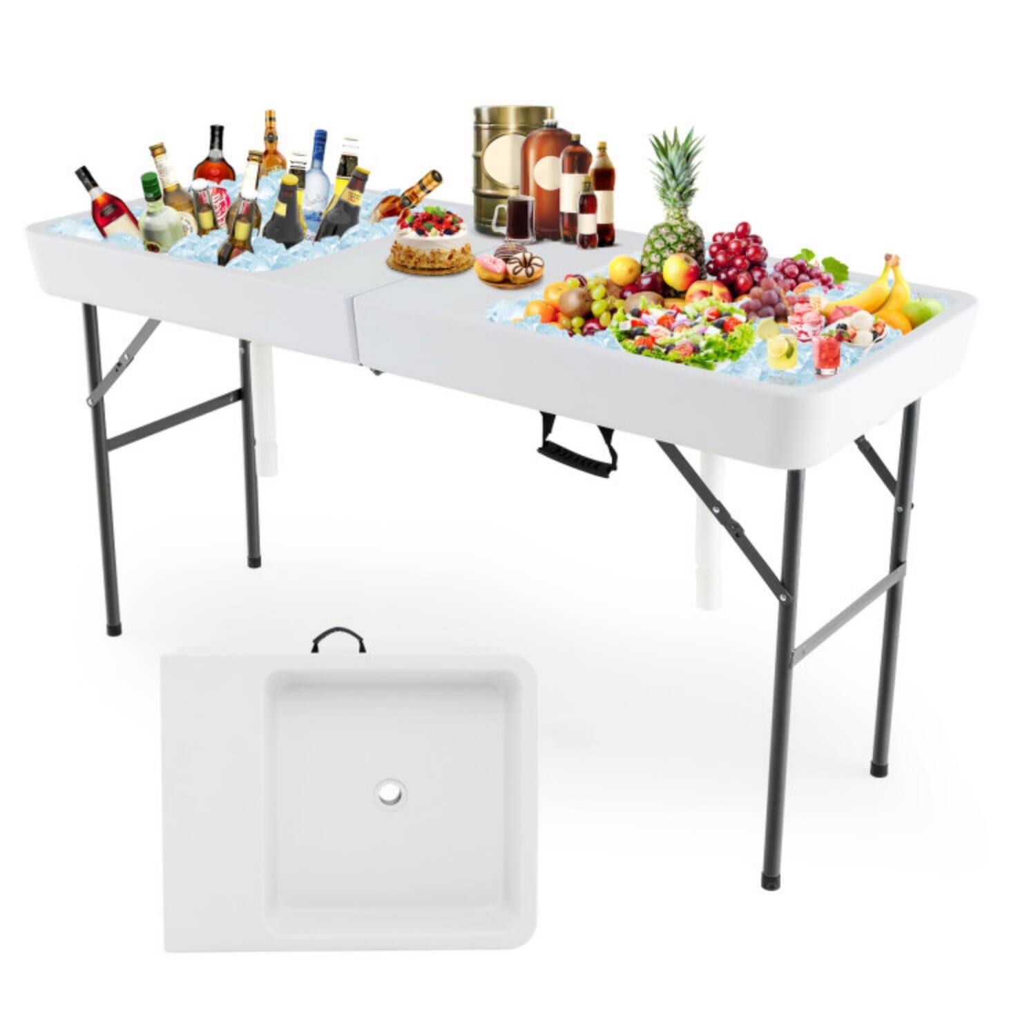 Alt View 3. Mondawe - 5 ft Folding Ice Cooler Table w Double Sinks & Skirt HDPE Top H-Shaped Legs 220 lbs for Party - White.
