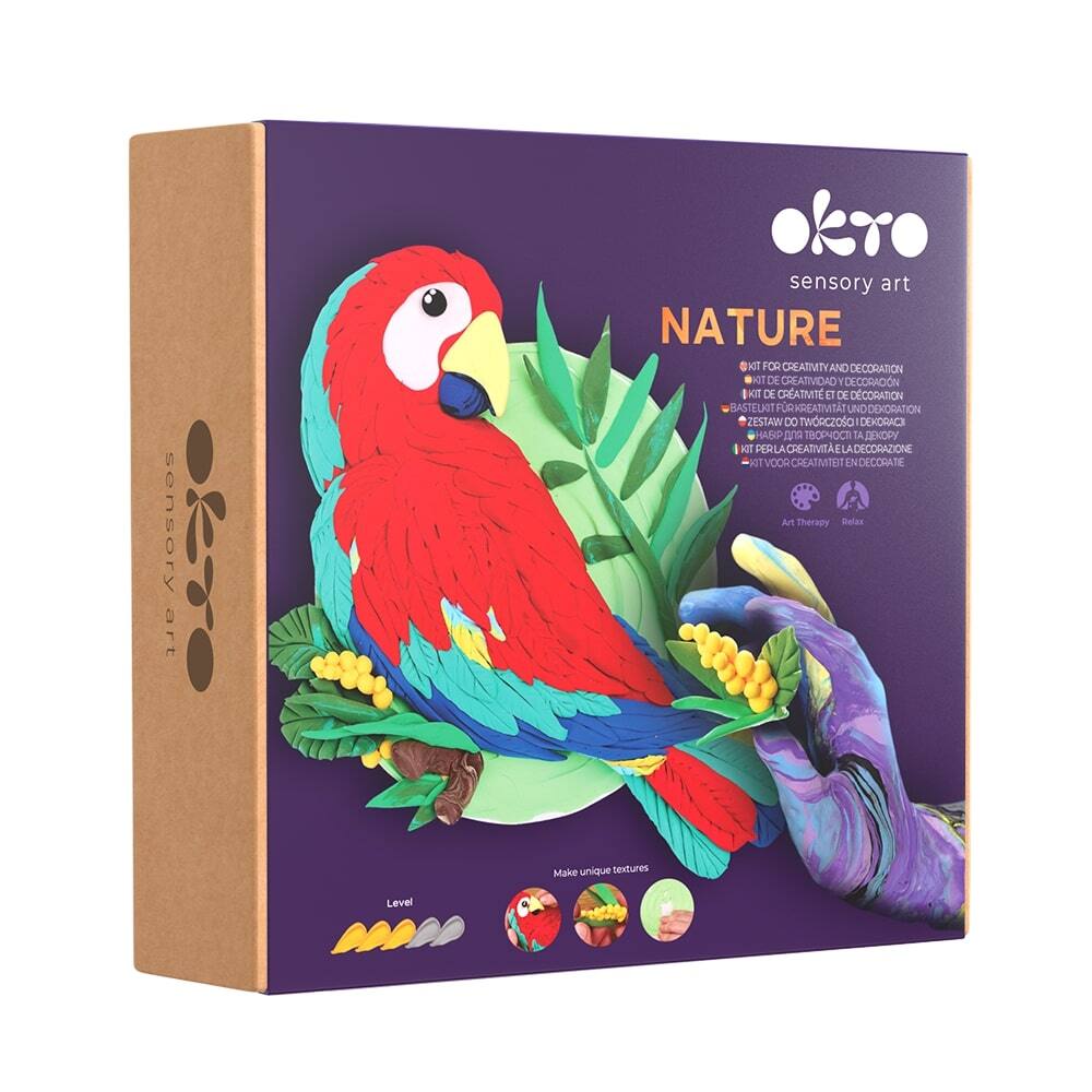 sensory art  
okro  
NATURE  
KIT FOR CREATIVITY AND DECORATION  
KIT DE CREATIVITÉ ET DE DÉCORATION  
BASTELKIT ZE TWORCZOSO DEXDRACIE  
KIT PER LA CREATIVITÀ E LA DECORAZIONE  
KIT VOOR CREATIVITEIT EN DECORATIE  

Art Therapy  
Relax  
Make unique textures  

Level