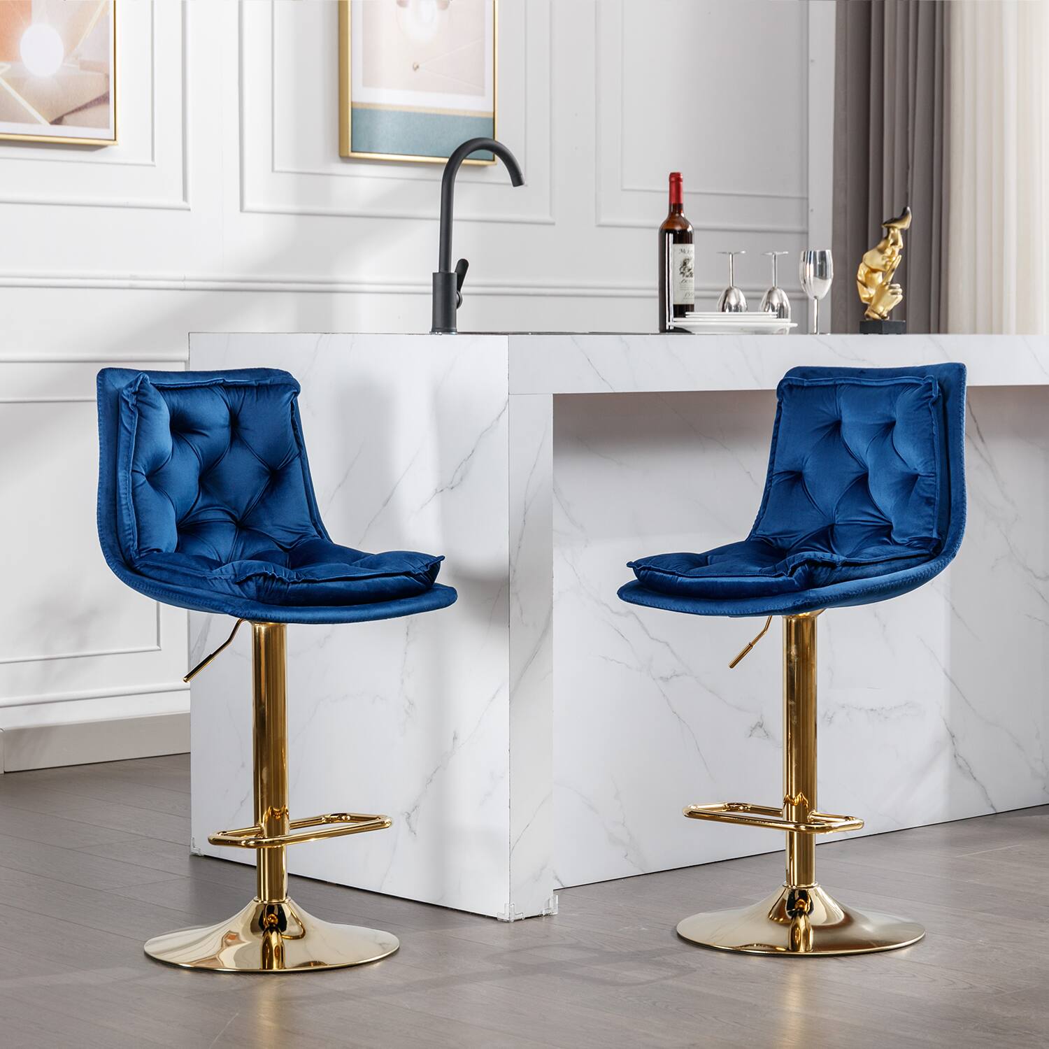 Trinkets Crazed - Bar Stools Set of 2, Swivel Bar Chairs, Adjustable Barstools Counter Height with Backrest for Kitchen Island - Blue