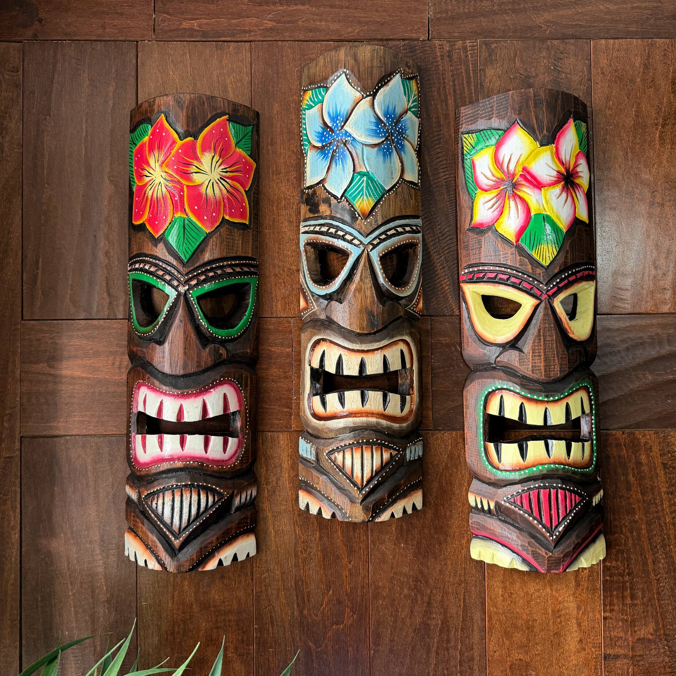Alt View 3. Zeckos - Hand Carved Wooden Tiki Mask Wall Sculptures Set of 3 Tropical 19 Inch - Multicolored.