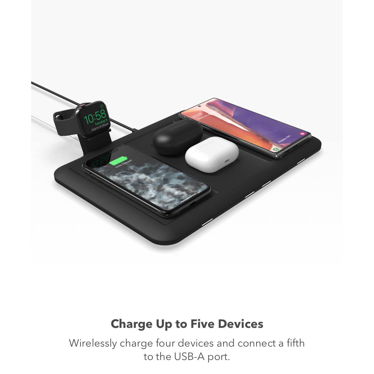 Charge Up to Five Devices Wirelessly charge four devices and connect a fifth to the USB-A port.