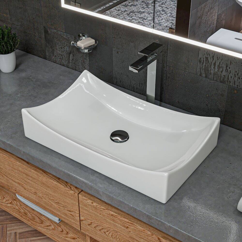 Angle. Alfi - White 26" Fancy Rectangular Above Mount Ceramic Sink - White.