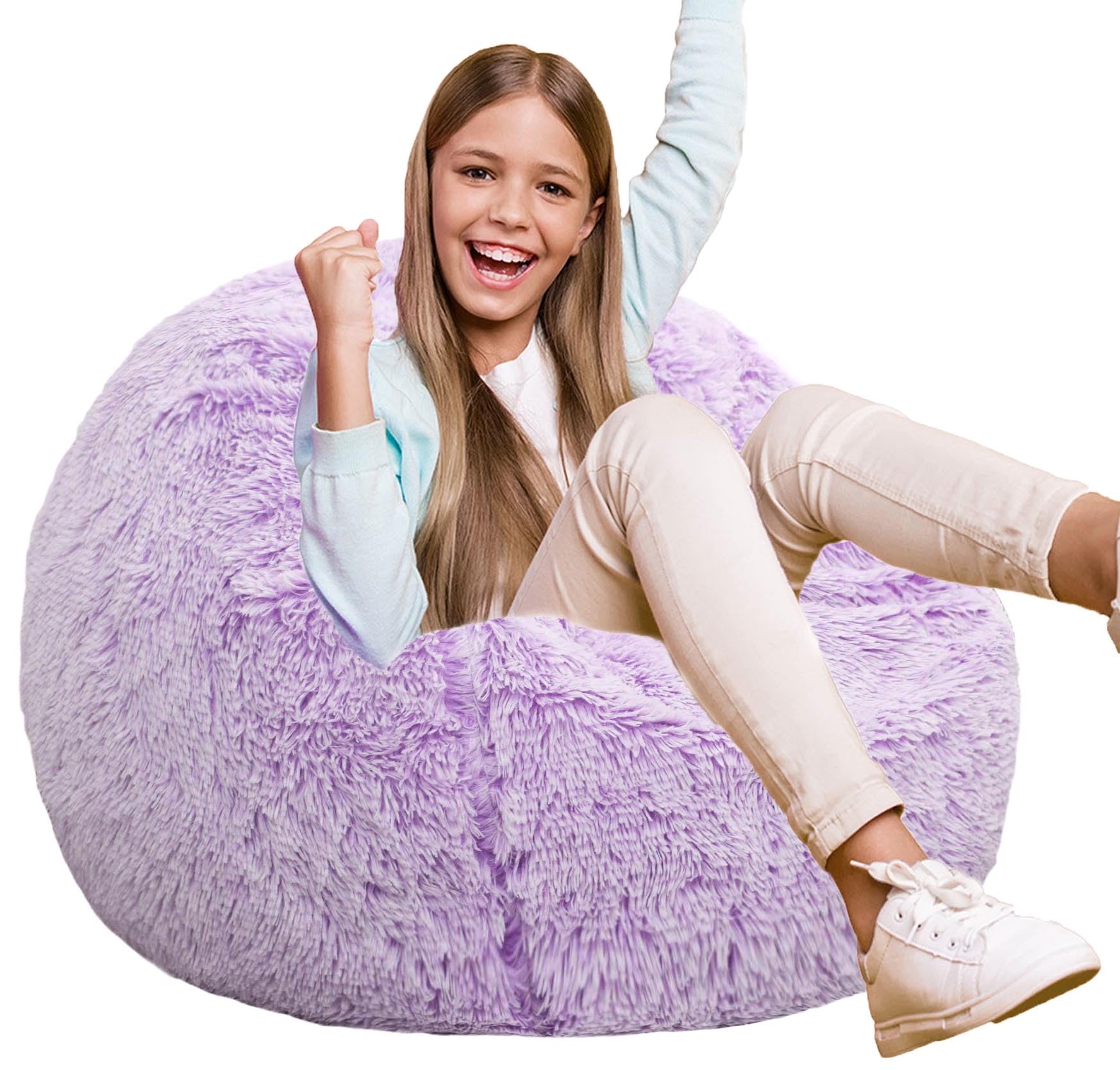 JETRANSPORT - Fluffy Bean Bag Chair For 2.5ft Round Memory Foam Filled Teens & Ultra Soft Faux Fabric Chairs Playroom - Purple 2.5 FT