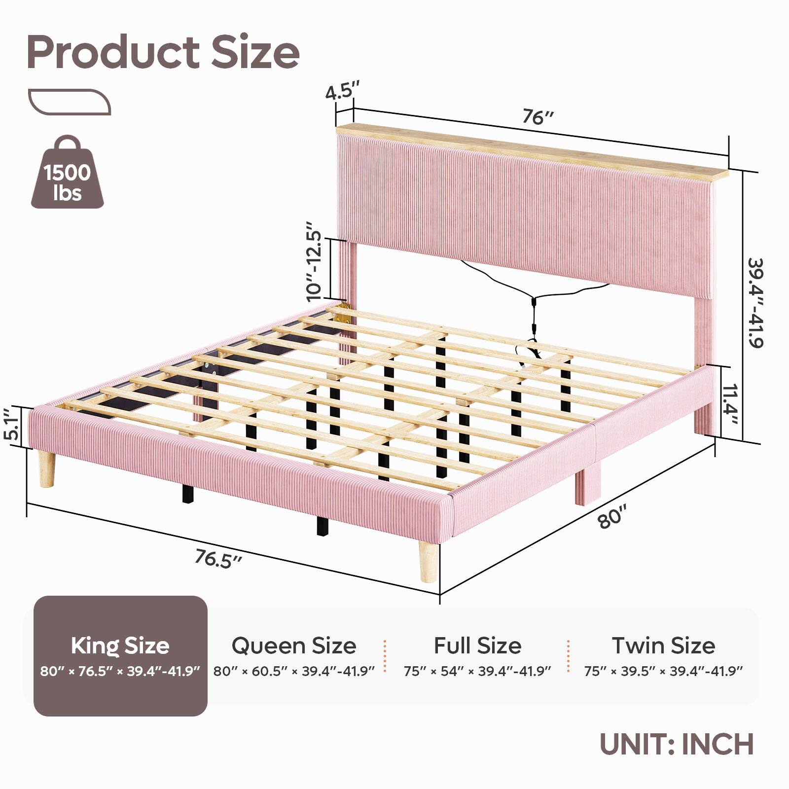 Product Size:
- King Size: 80" x 76.5" x 39.4"-41.9"
- Queen Size: 76" x 39.4"-41.9"
- Full Size: 75" x 54" x 39.4"-41.9"
- Twin Size: 75" x 39.5" x 39.4"-41.9"

UNIT: INCH