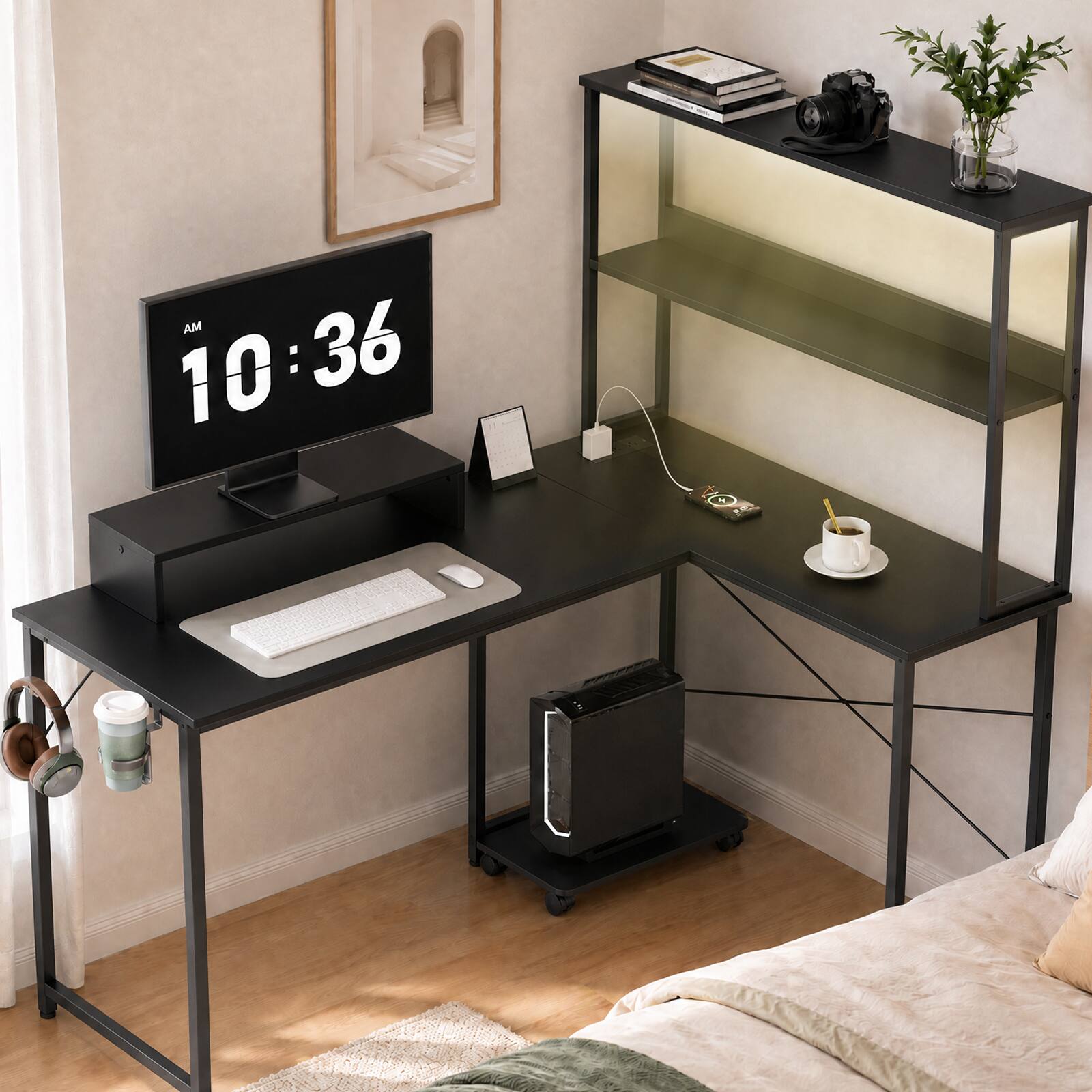 Alt View 4. Comhoma - 53 IN Reversible L-Shaped Office Desk with LED Lights, Power Outlets Executive Desk with Hooks and Cup Holder - Black.
