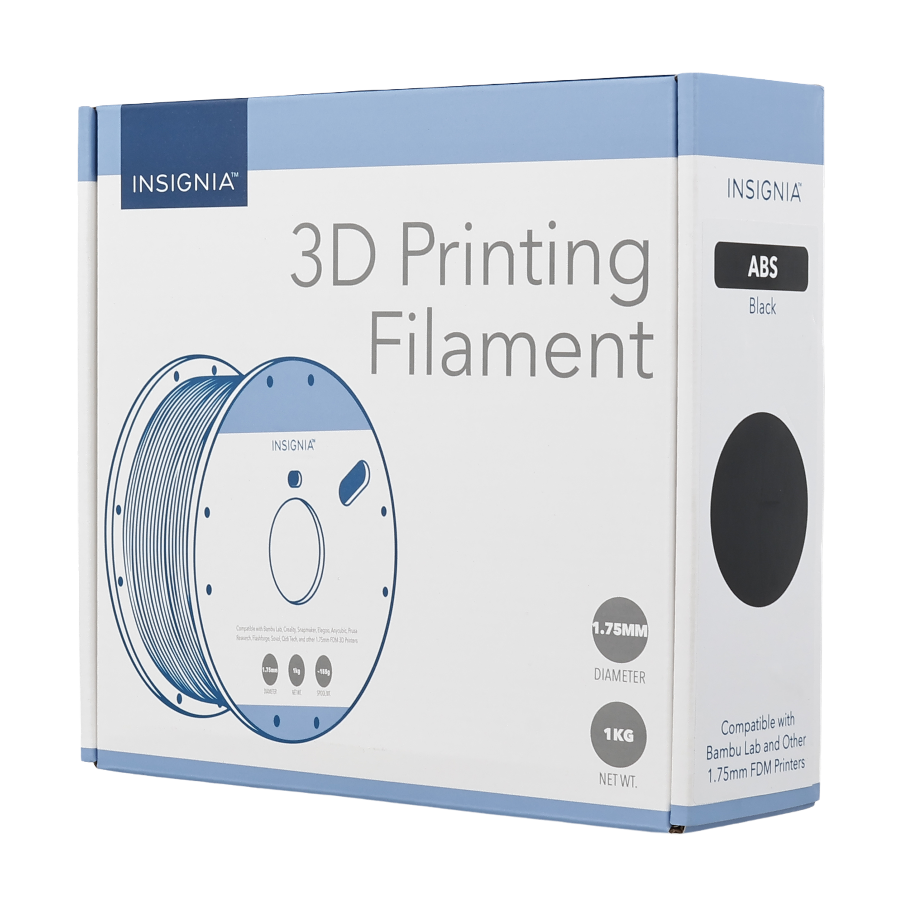 INSIGNIA™  
3D Printing ABS Black Filament  
1.75MM  
DIAMETER  
1KG NET WT.  
Compatible with Bambu Lab and Other 1.75mm FDM Printers