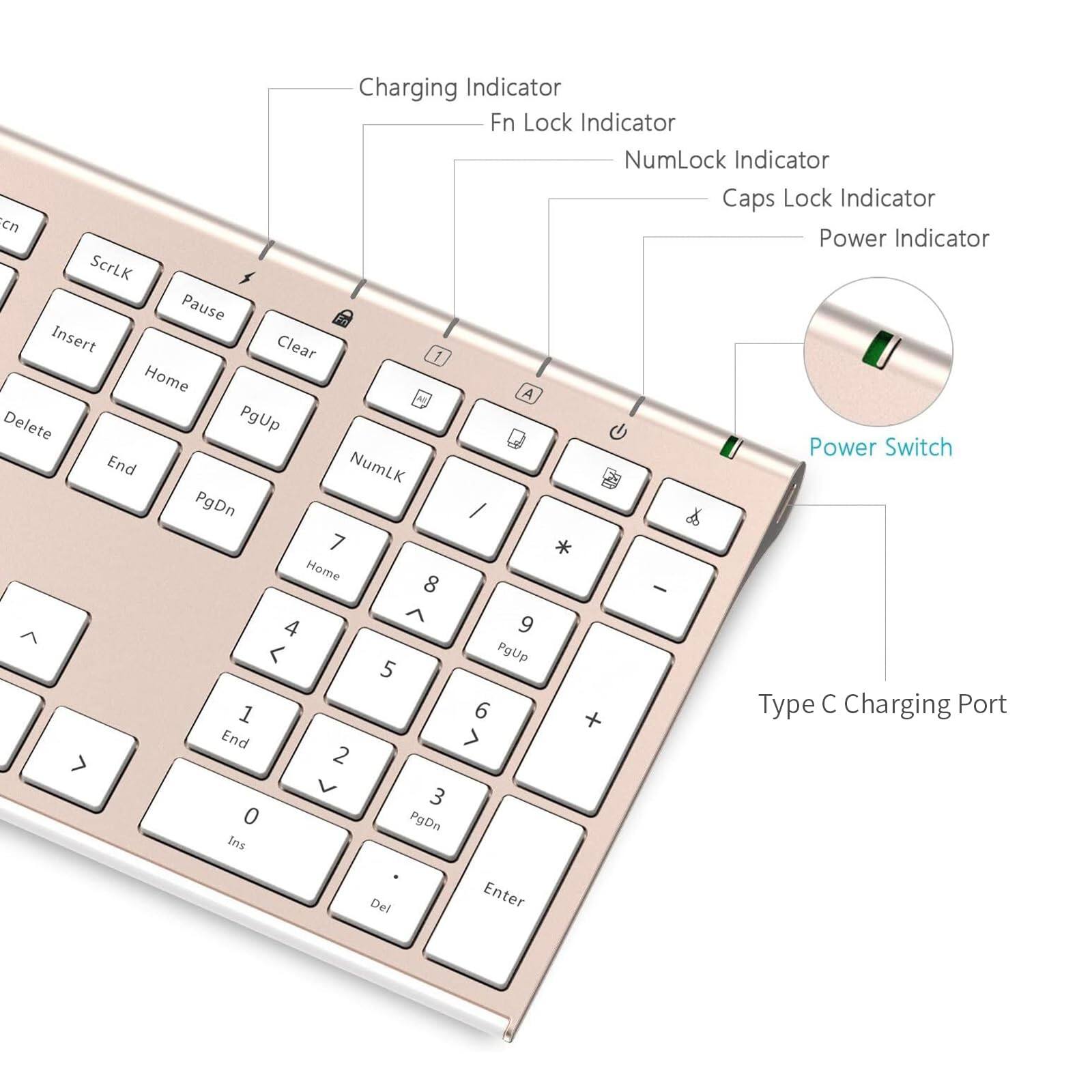 Charging Indicator  
Fn Lock Indicator  
NumLock Indicator  
Caps Lock Indicator  
Power Indicator  
ScrLK  
Pause  
Insert  
Clear  
Home  
Delete  
PgUp  
End  
PgDn  
Type C Charging Port  

1  
2  
3  
4  
5  
6  
7  
8  
9  
0  
Ins  
Del  
Enter