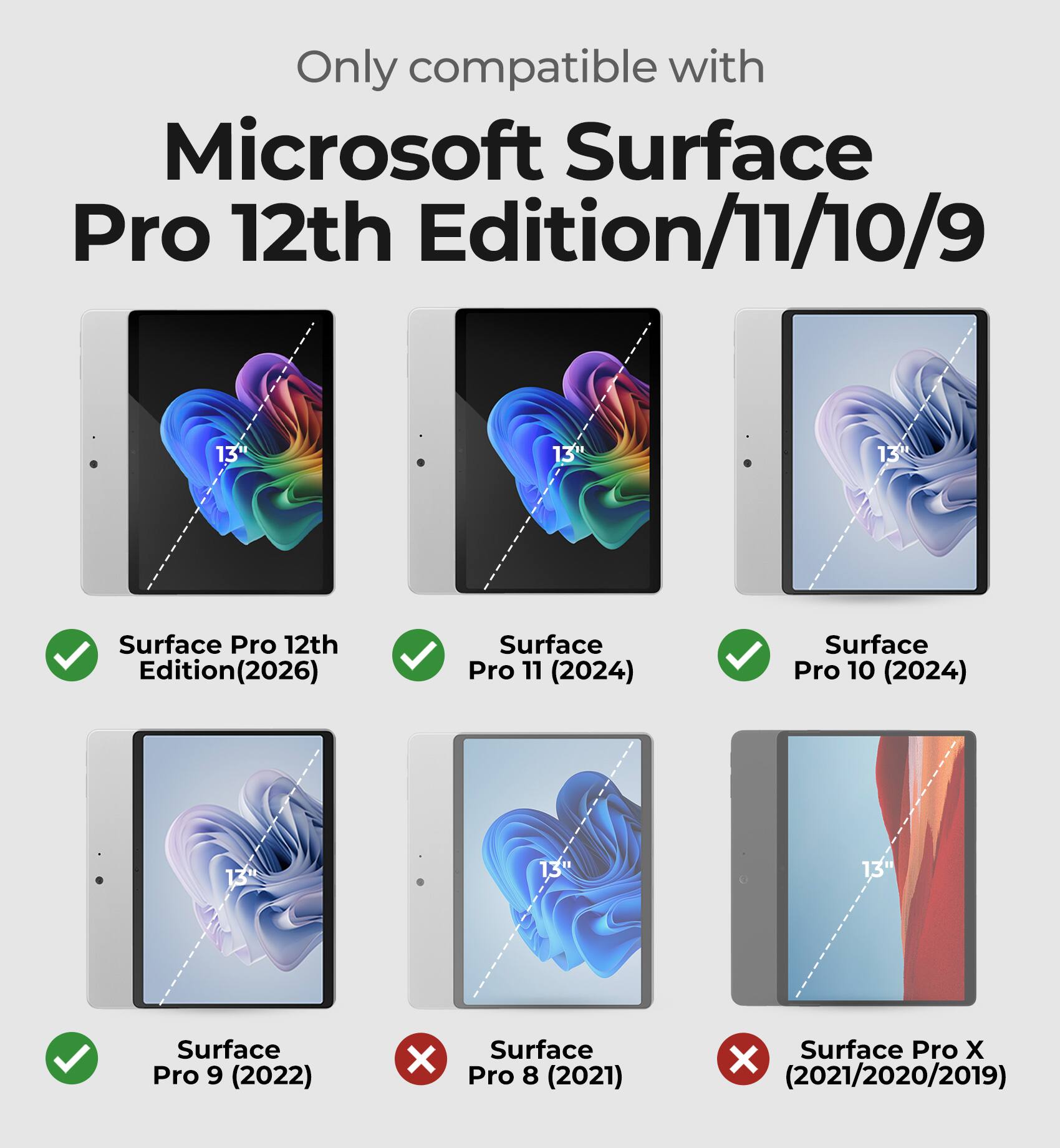 Only compatible with Microsoft Surface Pro 12th Edition/11/10/9

- Surface Pro 12th Edition (2026)
- Surface Pro 11 (2024)
- Surface Pro 10 (2024)
- Surface Pro 9 (2022)
- Surface Pro 8 (2021)
- Surface Pro X (2021/2020/2019)
