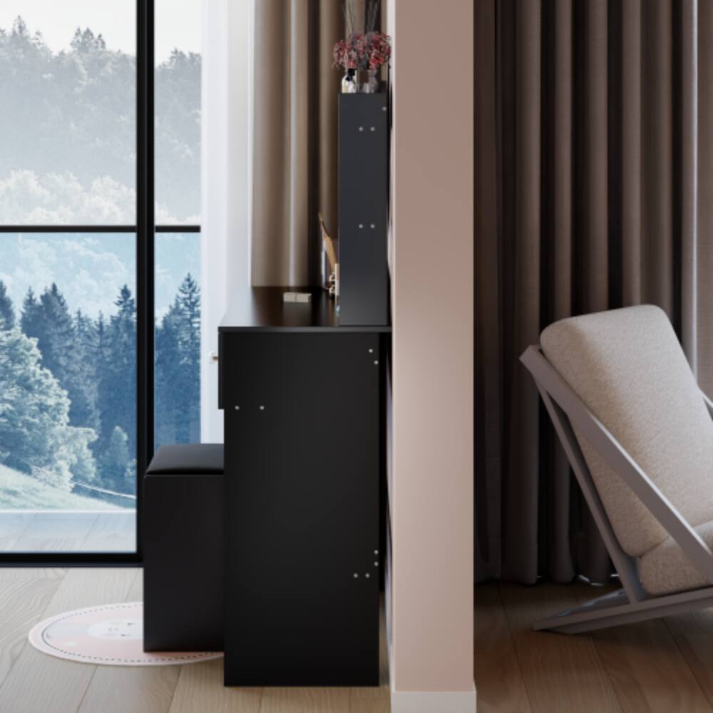 Alt View 2. LUCKY ONE - 17in Round LED Mirror Vanity Set with Large Desktop, Multi-Layer Storage and Stool for Small Space - Black.