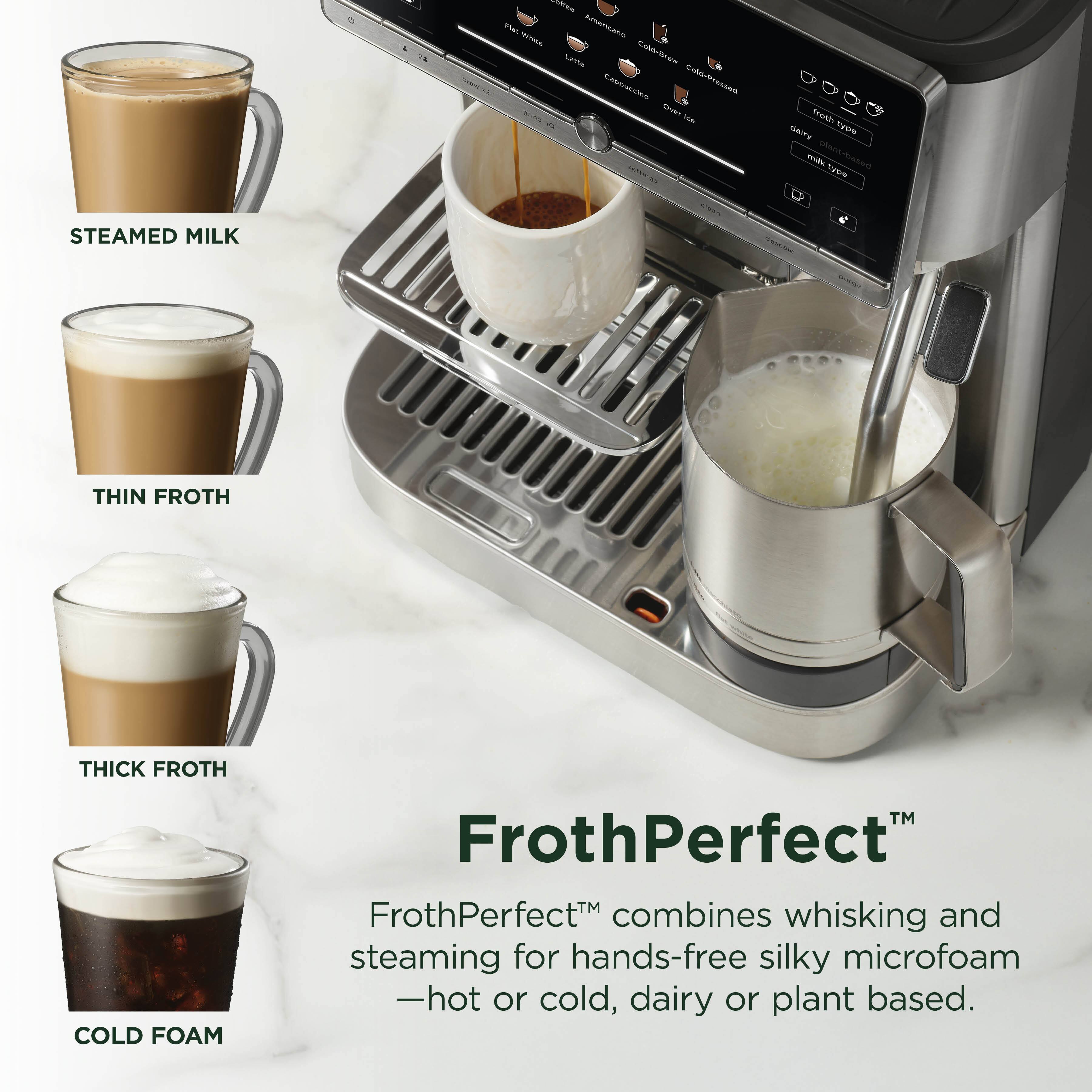 - A Wiche Aanicano LArms Colo-bren nnoais Ae MuS A Frodl Gams te m

tusIA STEAMED MILK THIN FROTH THICK FROTH COLD FOAM TM

FrothPerfect FrothPerfect combines whisking and steaming for hands-free silky microfoam -hot or cold, dairy or plant based.