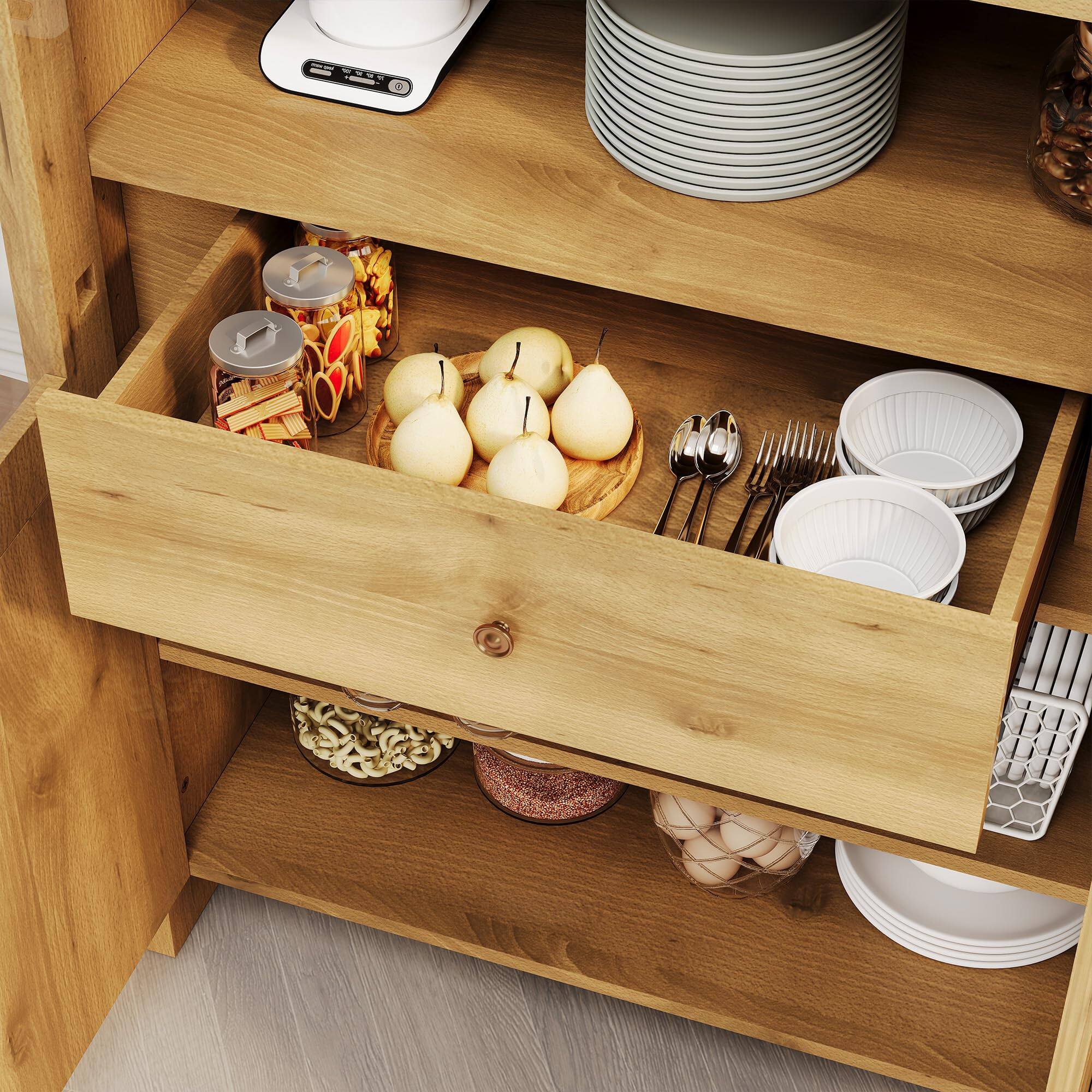Left. Qeetex - 71" Arched Farmhouse Kitchen Pantry Cabinet with Acrylic Doors, Hidden Drawer & Adjustable Shelves - Natural.