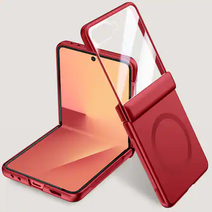 Front. Dteck - Magnetic Case For Samsung Galaxy Z Flip 7 , Built-in Screen Film, Slim Shockproof Rugged Hinge Protection Cover - Red.