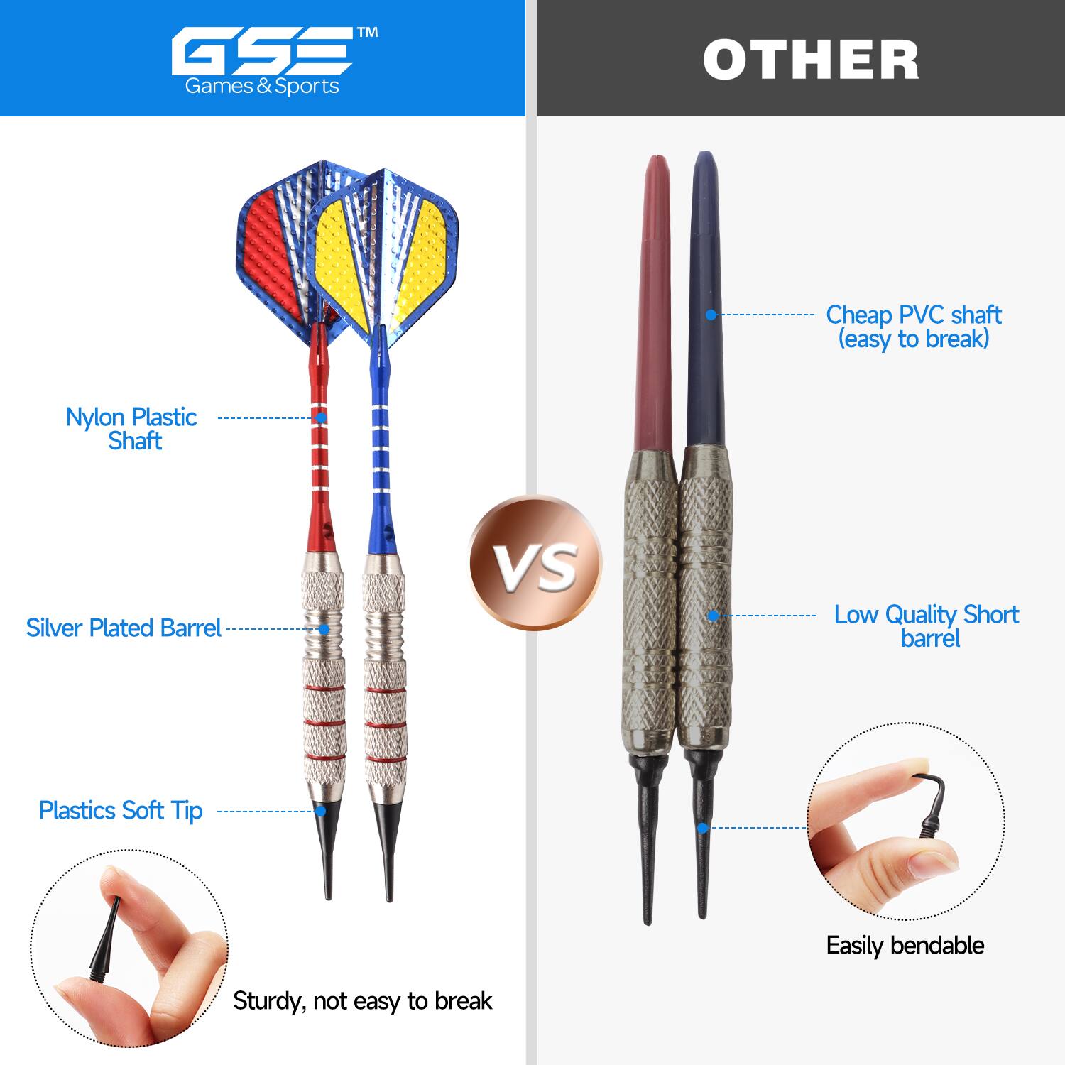 GSS Games & Sports, OTHER, Cheap PVC shaft (easy to break), Nylon Plastic Shaft, Silver Plated Barrel, VS, Low Quality Short barrel, Plastics Soft Tip, Easily bendable, Sturdy, not easy to break