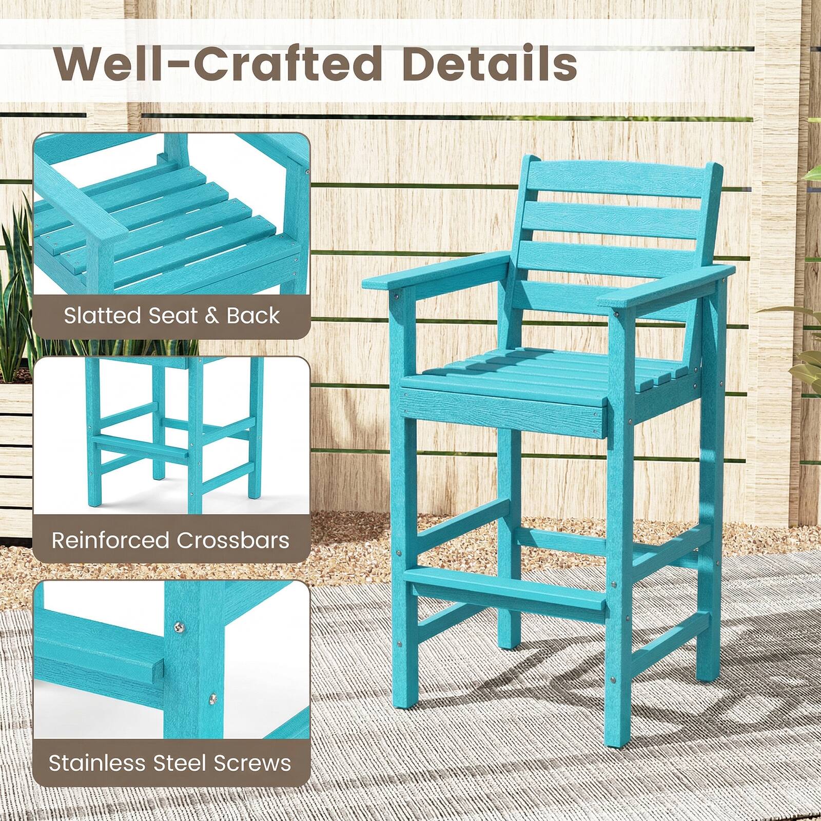 Well-Crafted Details

- Slatted Seat & Back
- Reinforced Crossbars
- Stainless Steel Screws