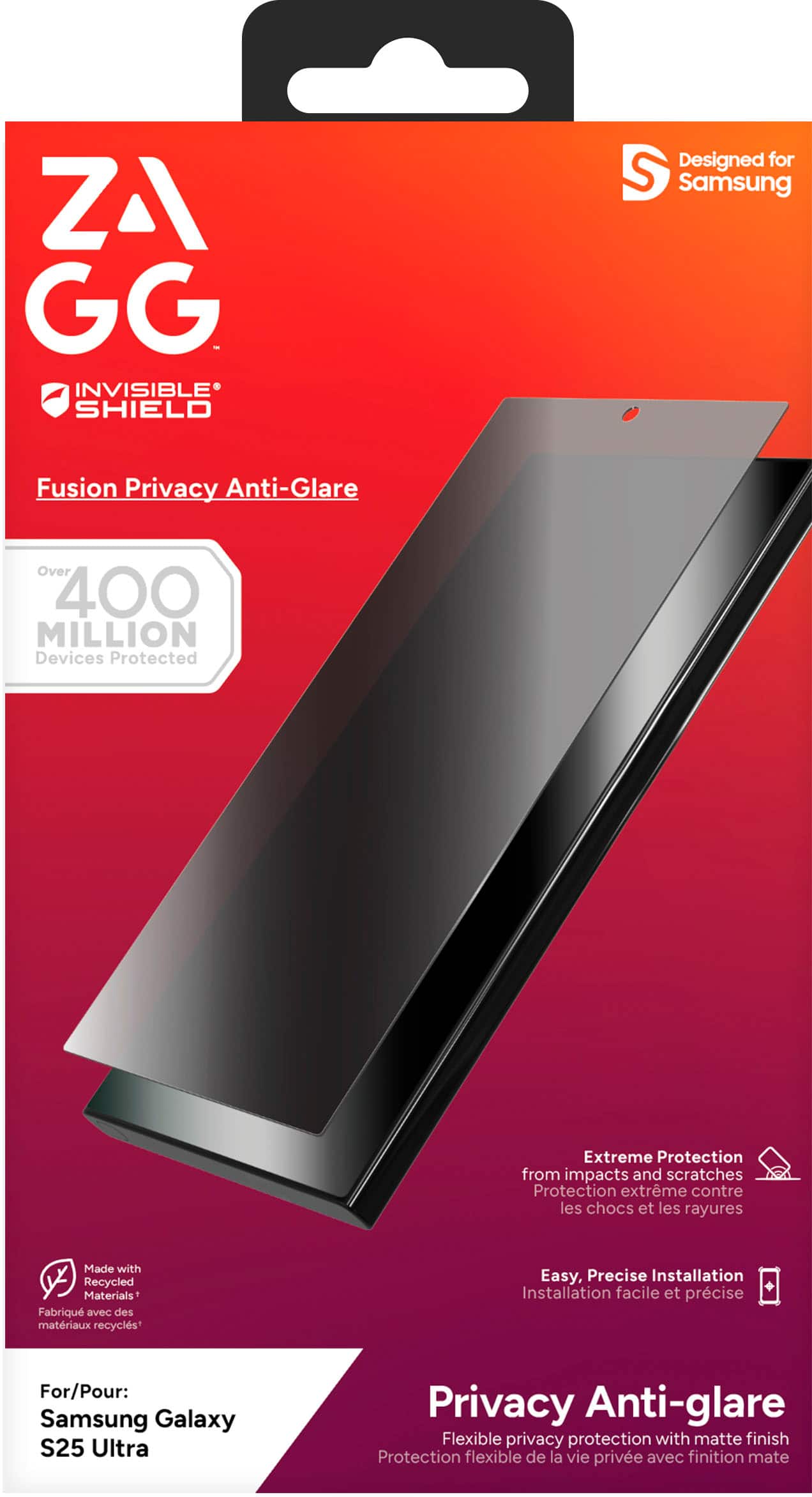 ZAGG INVISIBLE SHIELD Designed for Samsung Galaxy S25 Ultra Privacy Anti-Glare Over 400 MILLION Devices Protected Extreme Protection from impacts and scratches Protection extrme contre les chocs et les rayures Made with Recycled Materials Fabriqu avec des matriaux recycls Easy, Precise Installation Installation facile et prcise For/Pour: Samsung Galaxy S25 Ultra Privacy Anti-glare Flexible privacy protection with matte finish Protection flexible de la vie prive avec finition mate