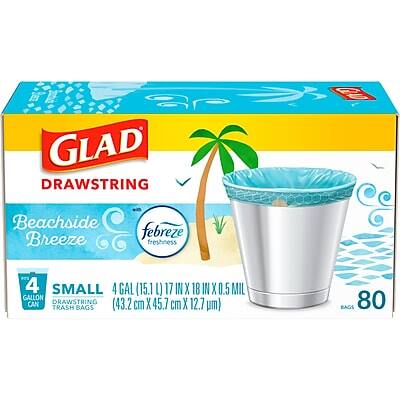 GLAD DRAWSTRING  
Beachside Breeze  
Febreze Freshness  

4 SMALL GALLON CAN TRASH BAGS  
4 GAL (15.1 L)  
17 IN X 18 IN X 0.5 MIL (43.2 cm X 45.7 cm X 12.7 um)  

80 BAGS