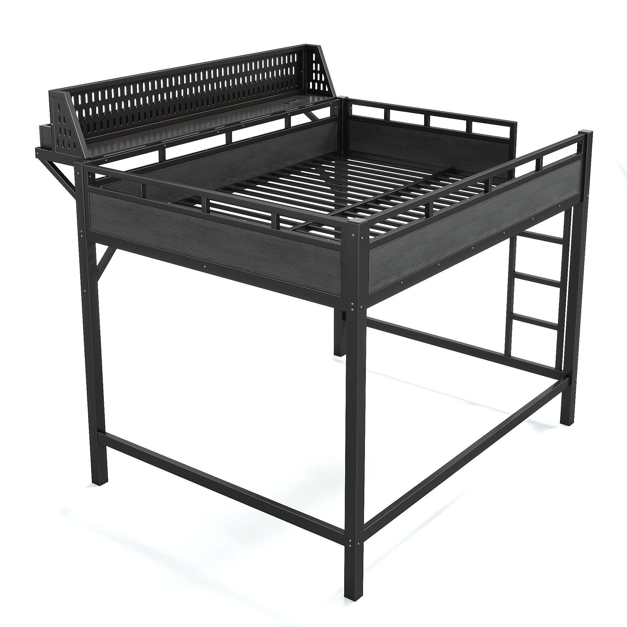 Alt View 5. Boyel Living - Queen Size Loft Bed Frame with Storage Shelves and Pegboard Metal Loft Bed - Black.
