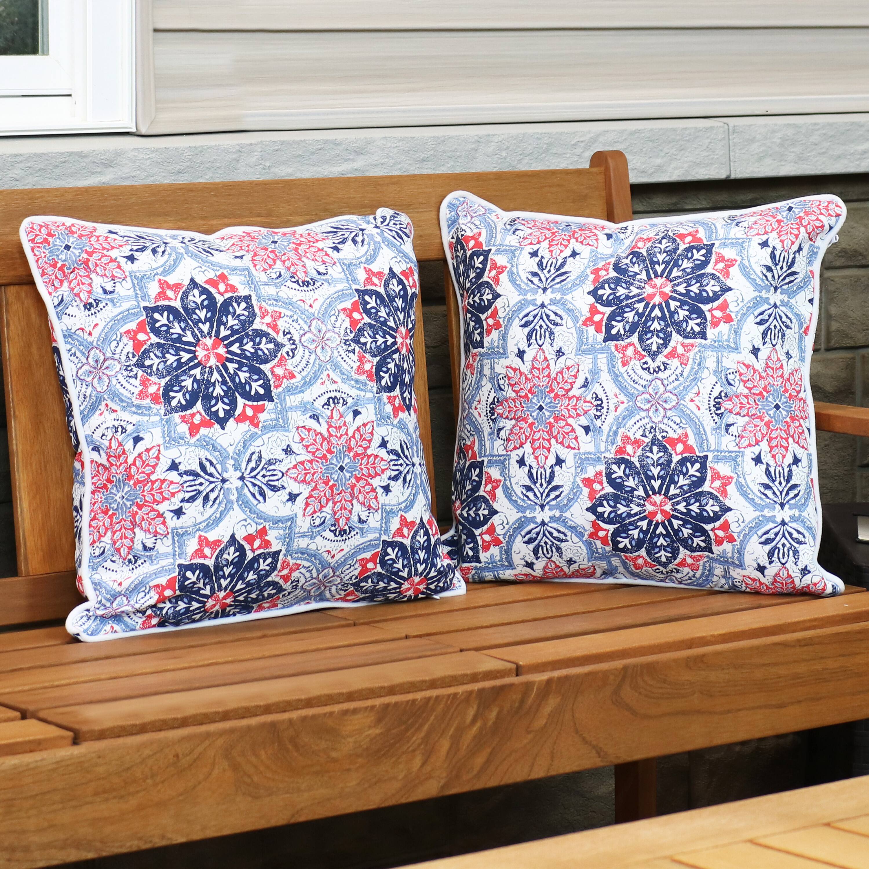 Alt View 3. Sunnydaze - Square Indoor and Outdoor Throw Pillow - 16 in - Blue and Red Floral.
