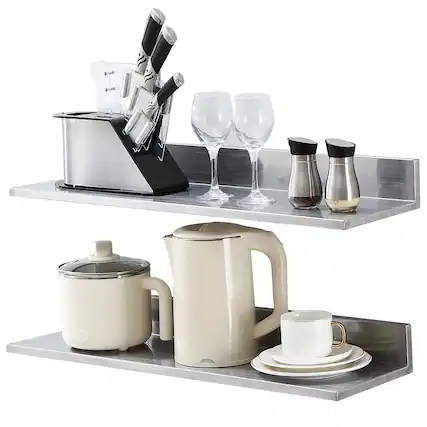 Front. VEVOR - 8.6" x 30" Stainless Steel Shelf,Wall Mounted Floating Shelving with Backsplash,44 lbs Load Capacity Commercial Shelves - Silver.