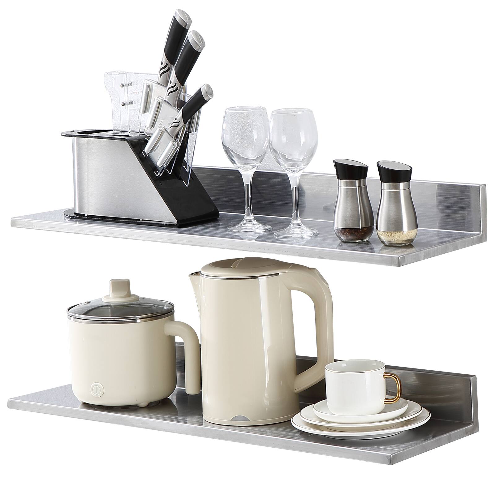 VEVOR - 8.6" x 30" Stainless Steel Shelf,Wall Mounted Floating Shelving with Backsplash,44 lbs Load Capacity Commercial Shelves - Silver