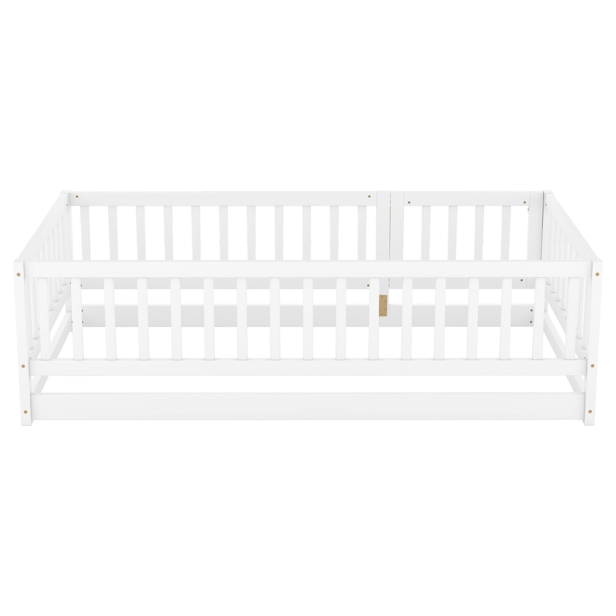 Alt View 4. GOODSILO - Twin Size Montessori Floor Bed with Fence and Door, Wood Bed Frame for Kids, Boys & Girls - White.