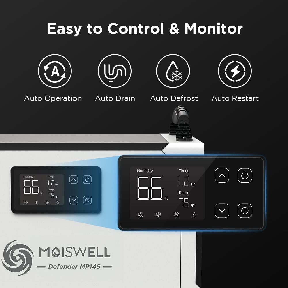 Easy to Control & Monitor  
- Auto Operation  
- Auto Drain  
- Auto Defrost  
- Auto Restart  

Humidity 66%  
Timer 12 Hr  
Temp 75°F  

MOISWELL Defender MP145
