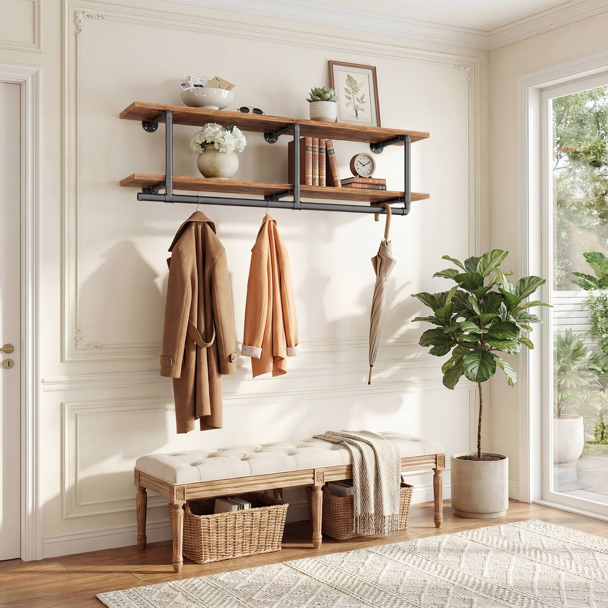 Left. Aheaplus - 47.2'' Wide Wall Mounted Pipe Clothing Rack with Shelves, 150 LBS Capacity, Easy Assembly - Brown.