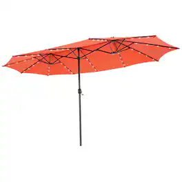 Costway - 15FT Twin Patio Double-Sided Umbrella 48 Solar LED Lights Crank Outdoor - Orange