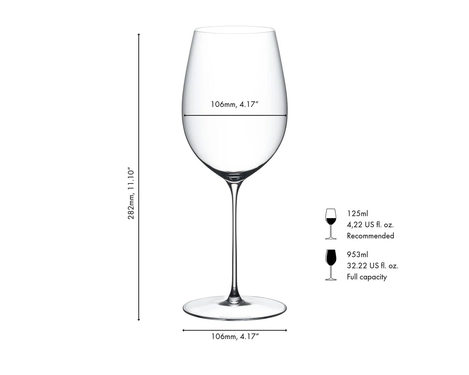 106mm, 4.17"  
11.10" 282mm,  
125ml 4.22 US fl. oz. Recommended  
953ml 32.22 US fl. oz. Full capacity