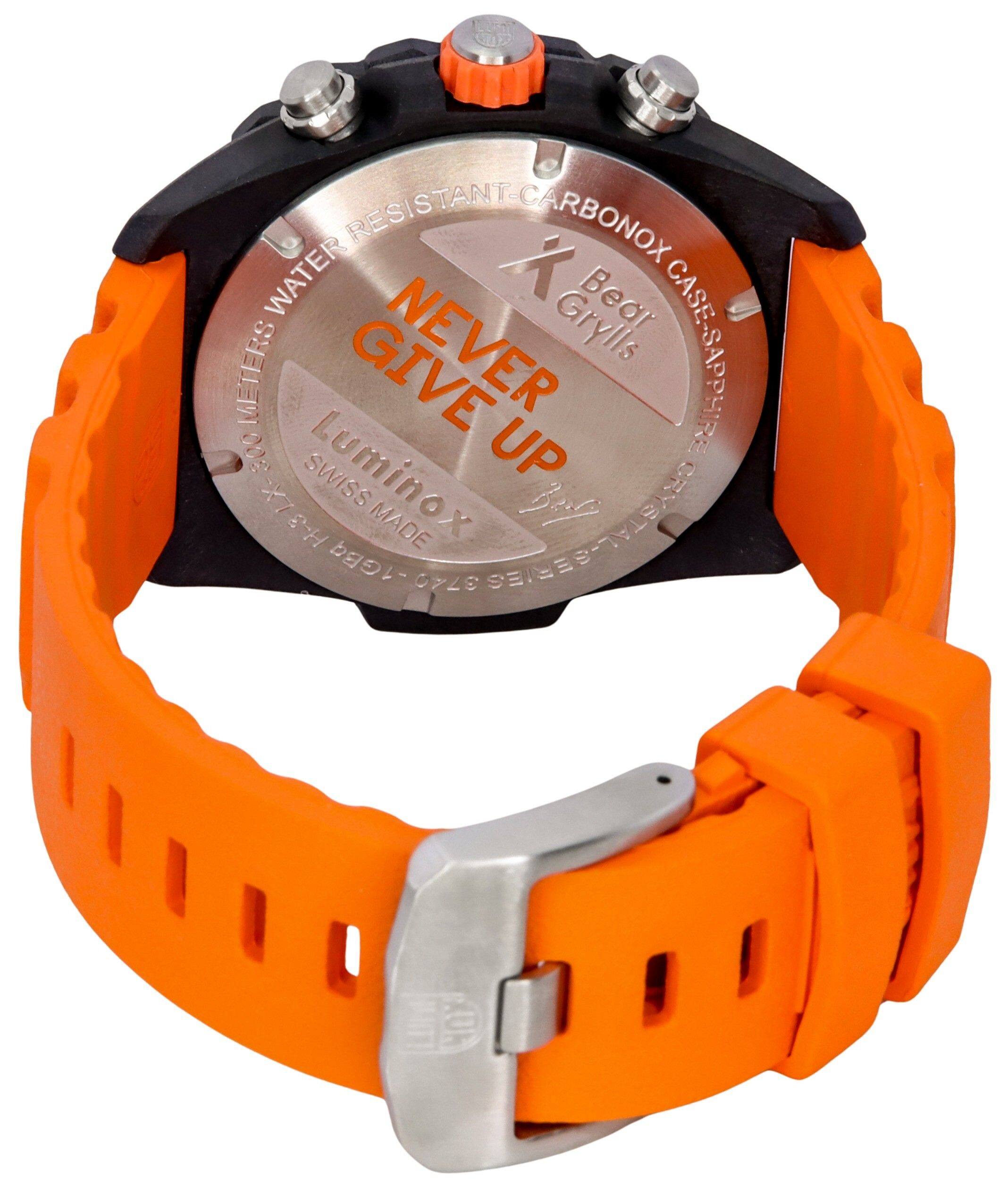 - RESISTANT-CARBONOX CASE
- WATER RESISTANT
- NEVER GIVE UP
- BEAR Grylls
- LUMINOX
- SWISS MADE
- 100 METERS
- 1 GBQ 3740