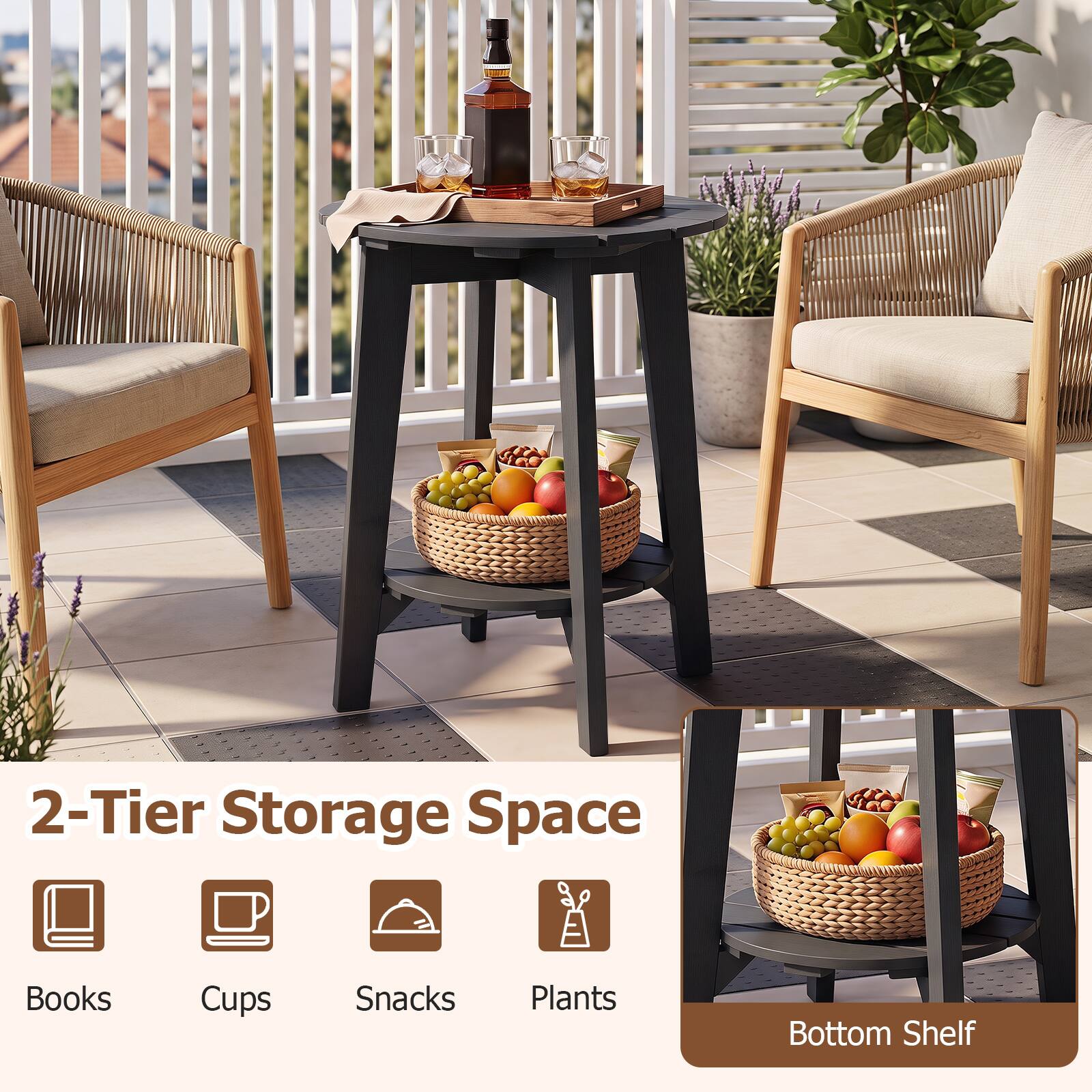 2-Tier Storage Space

Books  
Cups  
Snacks  
Plants  
Bottom Shelf