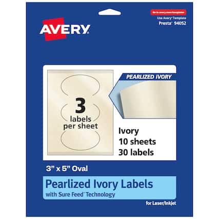 Go to avery.com/templates
AVERY
Use Avery Template Presta® 94052
PEARLIZED IVORY
3 labels per sheet
Ivory 10 sheets 30 labels
3" x 5" Oval Pearlized Ivory Labels with Sure Feed Technology for Laser/Inkjet