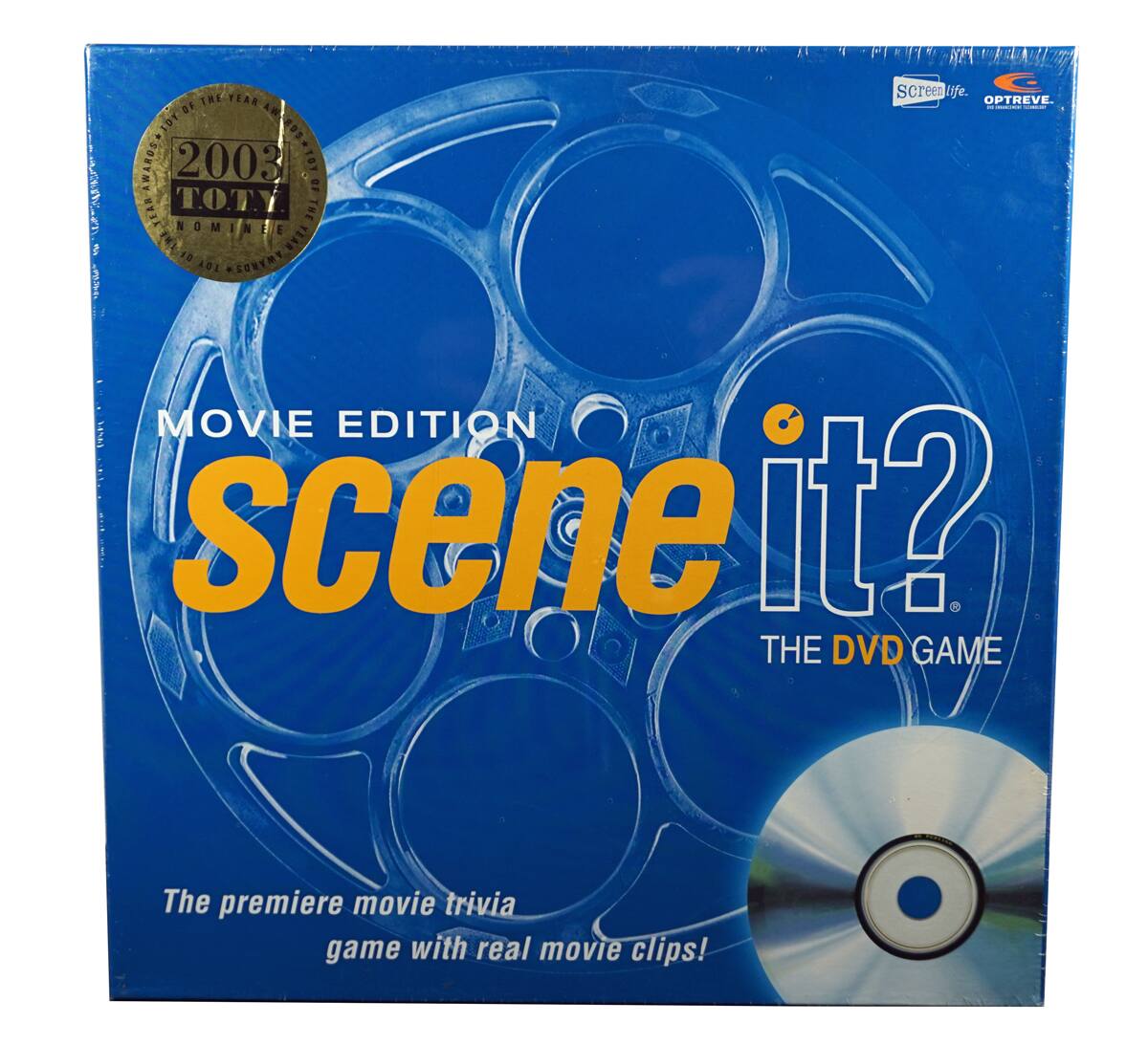 Sure, here is the corrected and grouped text from the image:

---

**2003 TOY OF THE YEAR NOMINEE**

**MOVIE EDITION**

**scene it?**

**THE DVD GAME**

**The premiere movie trivia game with real movie clips!**

**screenlife**

**OPTREVE**

---

This text is organized to reflect the layout and content of the image accurately.