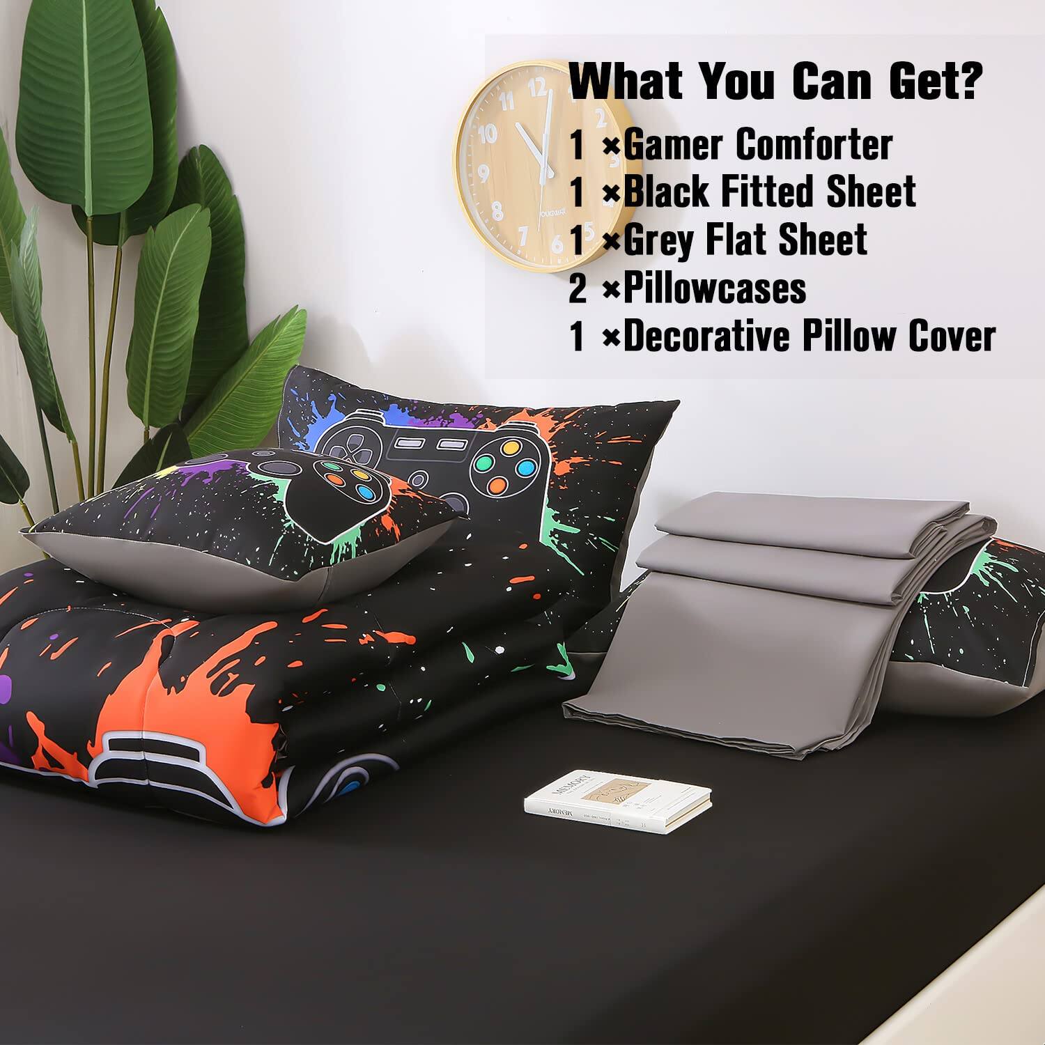 What You Can Get?

1 x Gamer Comforter  
1 x Black Fitted Sheet  
1 x Grey Flat Sheet  
2 x Pillowcases  
1 x Decorative Pillow Cover