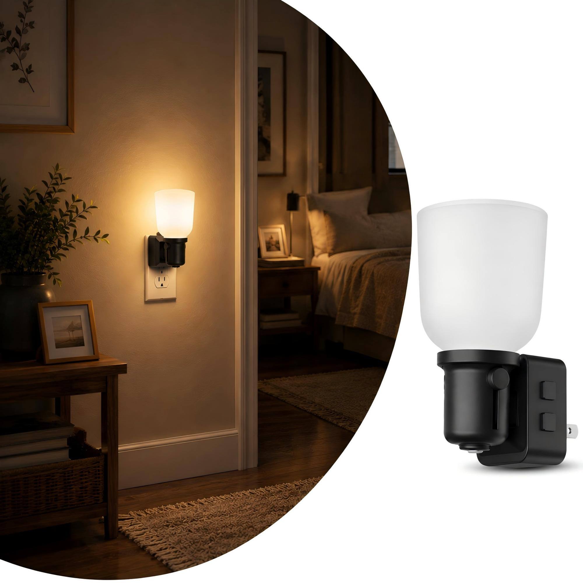 Angle. Jandcase - JANDCASE 1W  Plug-in Night Light, 3000K Warm Glow, Wine Glass Design, Slide Dimmer 0-100%, Dusk-to-Dawn Sensor - Black.