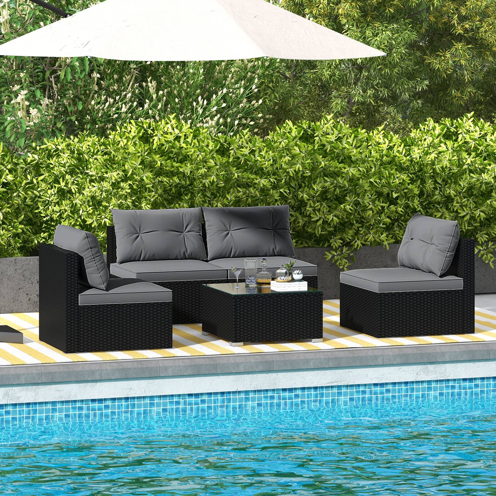 Gymax - Set Of 5 Outdoor Furniture Set w/ Seat & Back Cushions Tempered Glass Tabletop - Gray, Black price history on PriceWatchPro