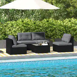 Gymax - Set Of 5 Outdoor Furniture Set w/ Seat & Back Cushions Tempered Glass Tabletop - Gray, Black