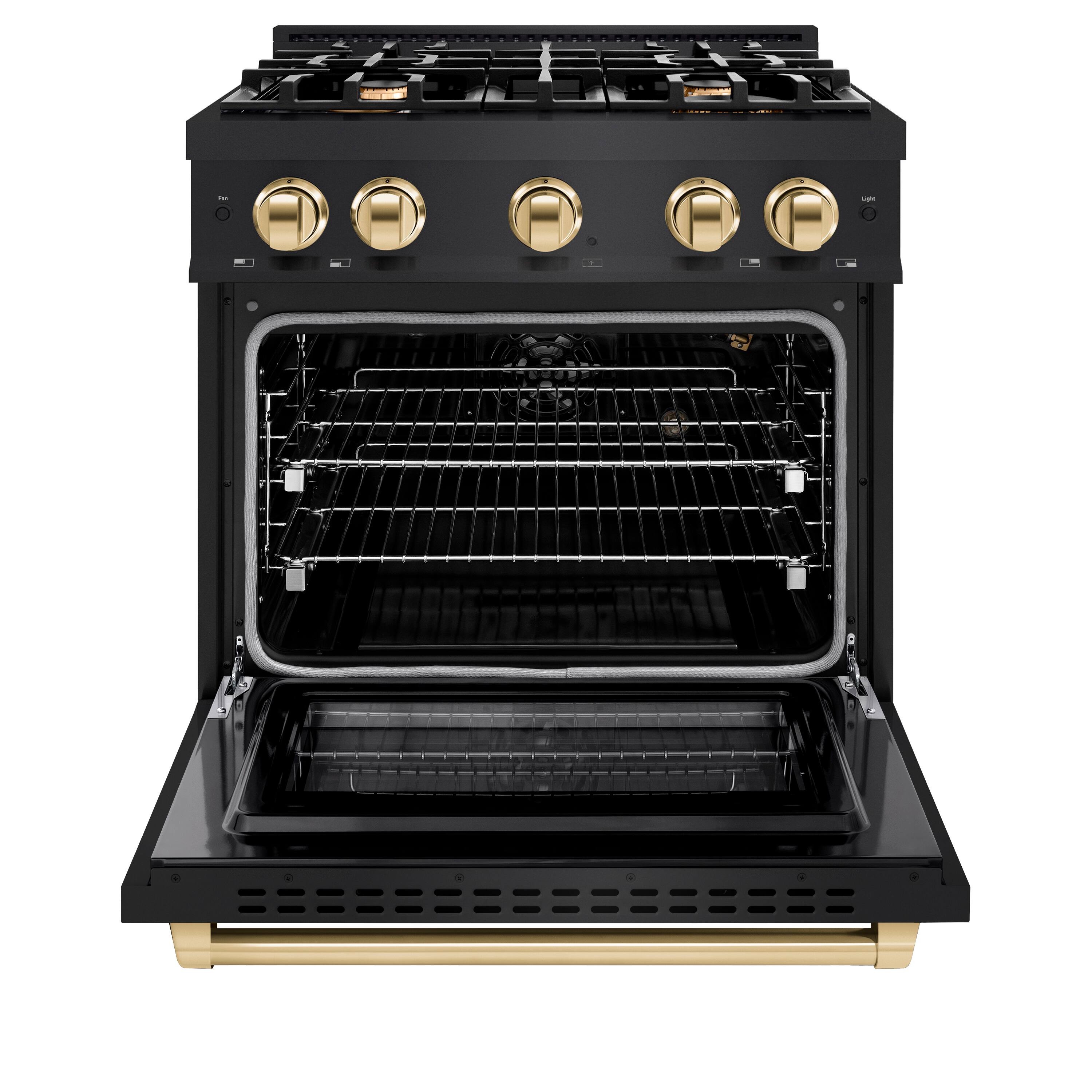 Left. ZLINE - ZLINE Autograph 30 in. 4.2 cu. ft. Freestanding Select Black Stainless Gas Range w/ 4 Burners & Gold Accents - Black Stainless Steel.
