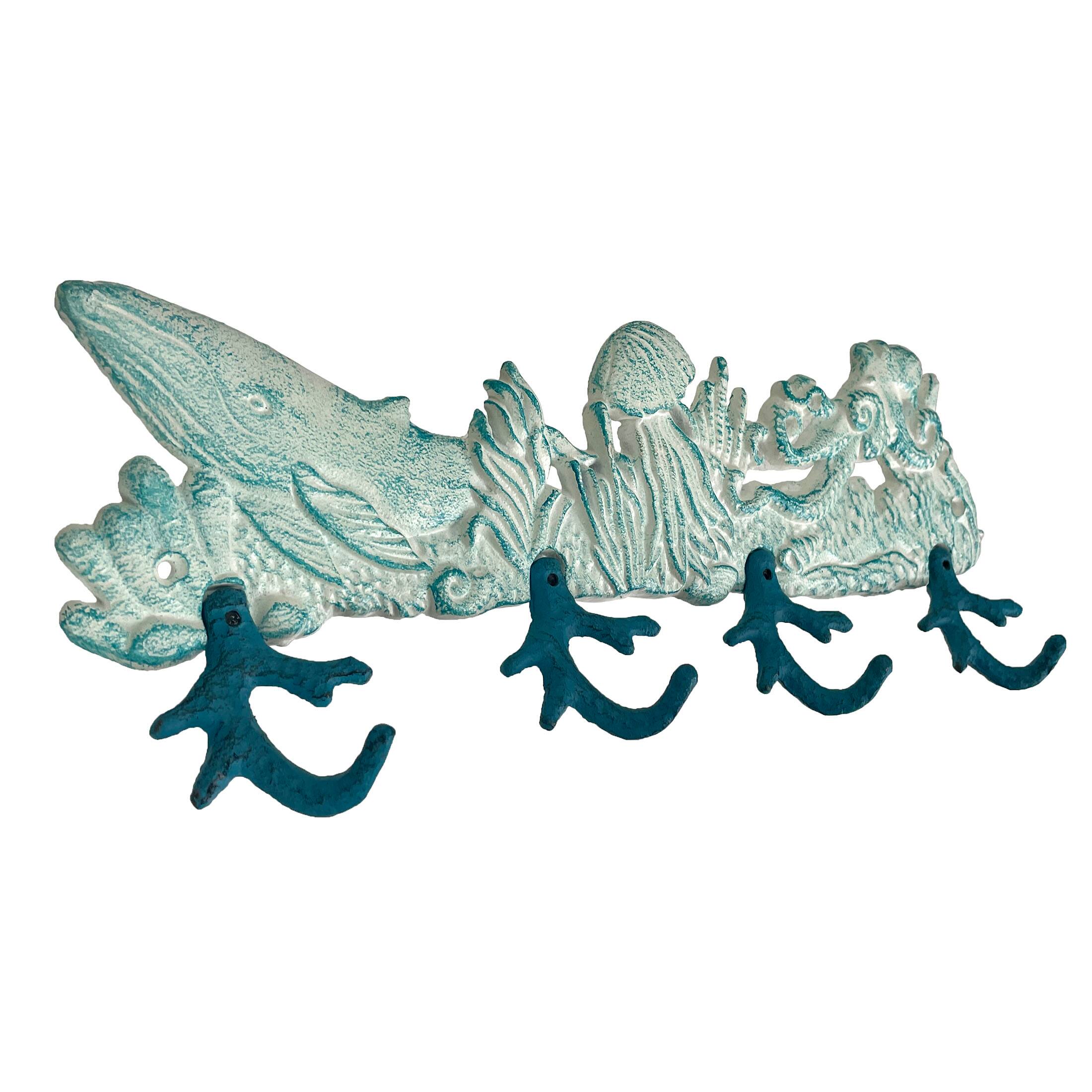 Alt View 1. Zeckos - Cast Iron Sealife Plaque with Coral Hooks - Coastal Wall Decor - Blue.