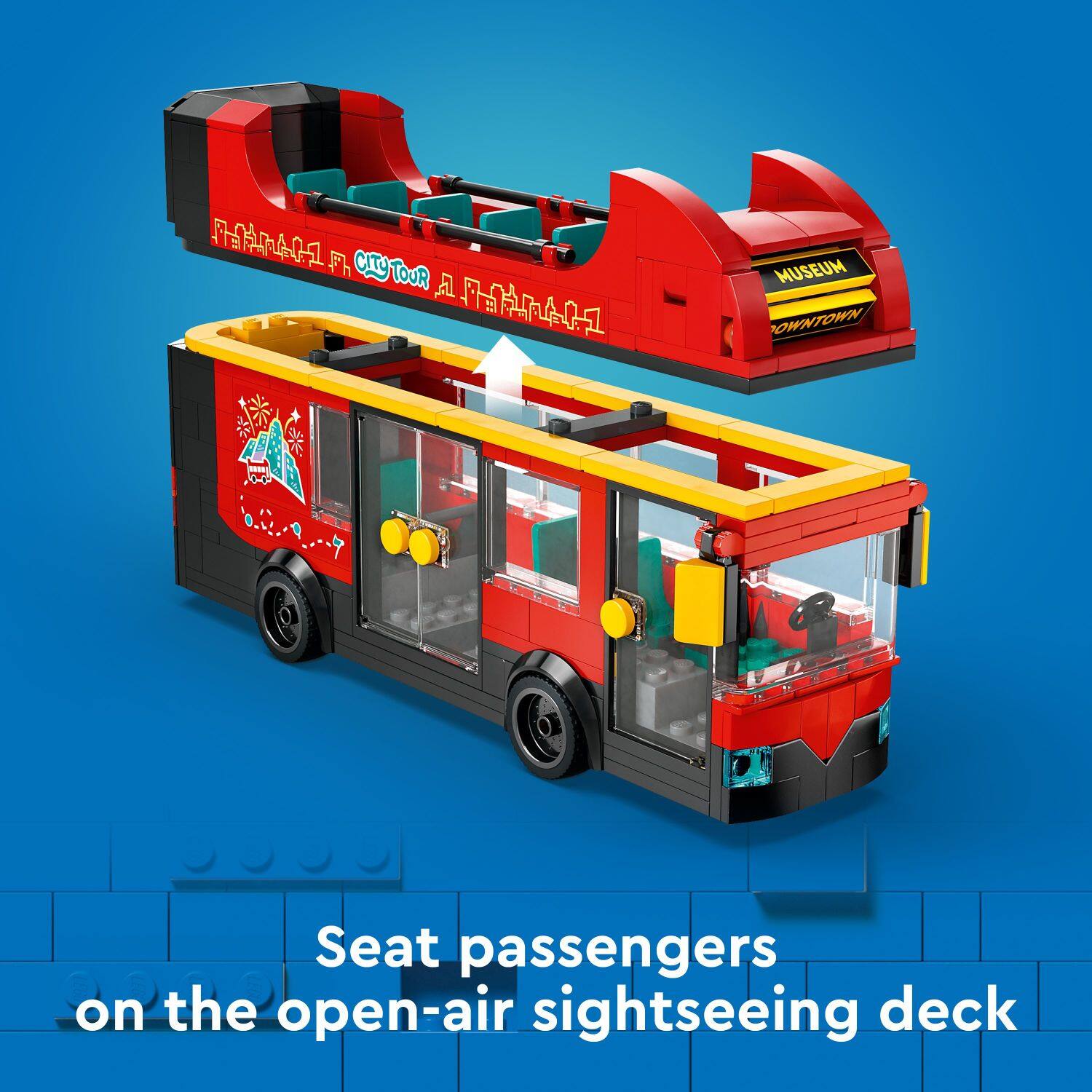 The text on the image reads: "Seat passengers on the open-air sightseeing deck."