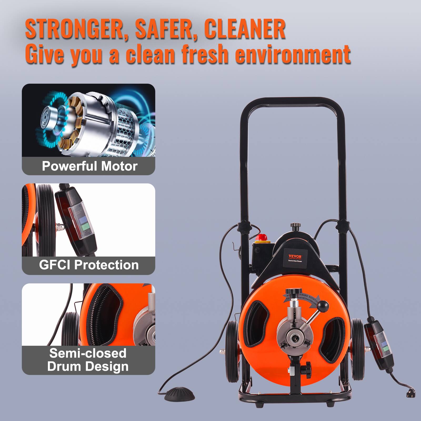 STRONGER, SAFER, CLEANER
Give you a clean fresh environment
Powerful Motor
GFCI Protection
Semi-closed Drum Design