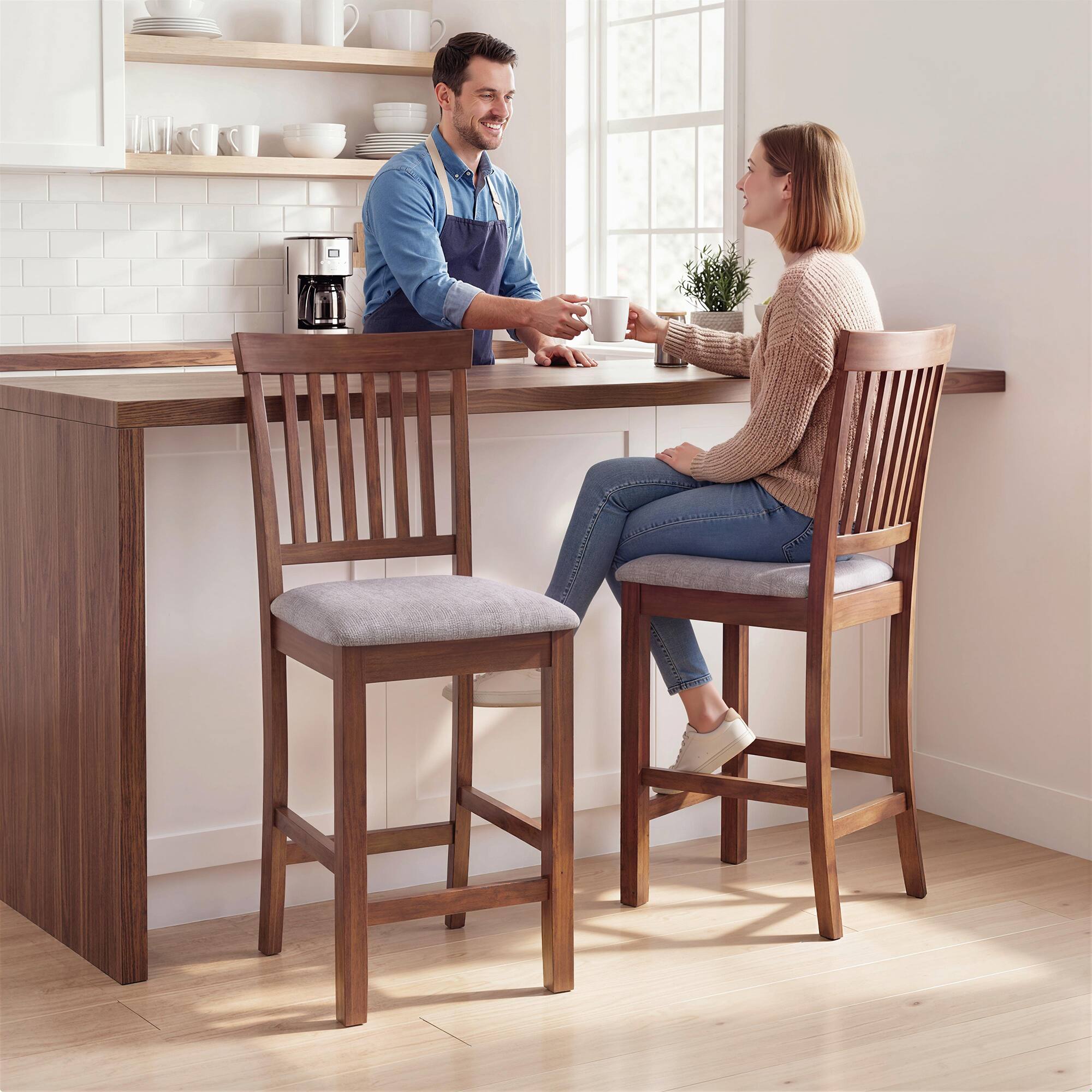 Alt View 1. Homcom - Height Bar Stools with Padded Seat, High Back Kitchen Chairs Set of 2 for Dining Room - Gray, Dark Brown.