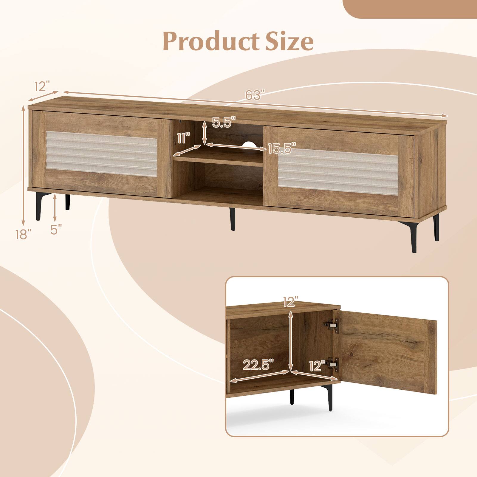 Product Size

- Length: 63"
- Height: 12"
- Depth: 18"
- Drawer Height: 5.5"
- Drawer Width: 11"
- Drawer Depth: 15.5"
- Shelf Height: 5"
- Shelf Width: 12"
- Shelf Depth: 22.5"