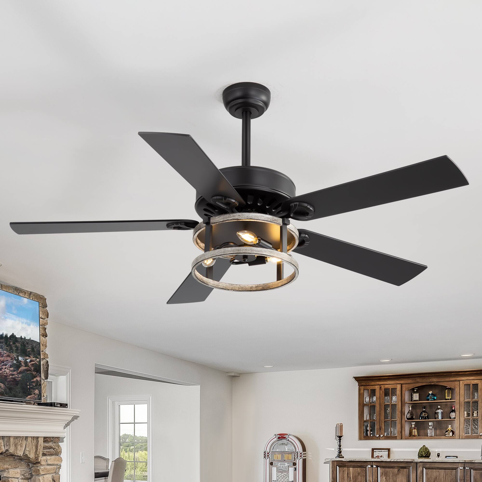 Left. Breezary - 52 Inch Ceiling Fan with Remote, 5 Plywood Dual-Finish Blades, DC Motor, E12x3 Bulb Base, 5"&10" Downrods - matte black and wood grain gray.