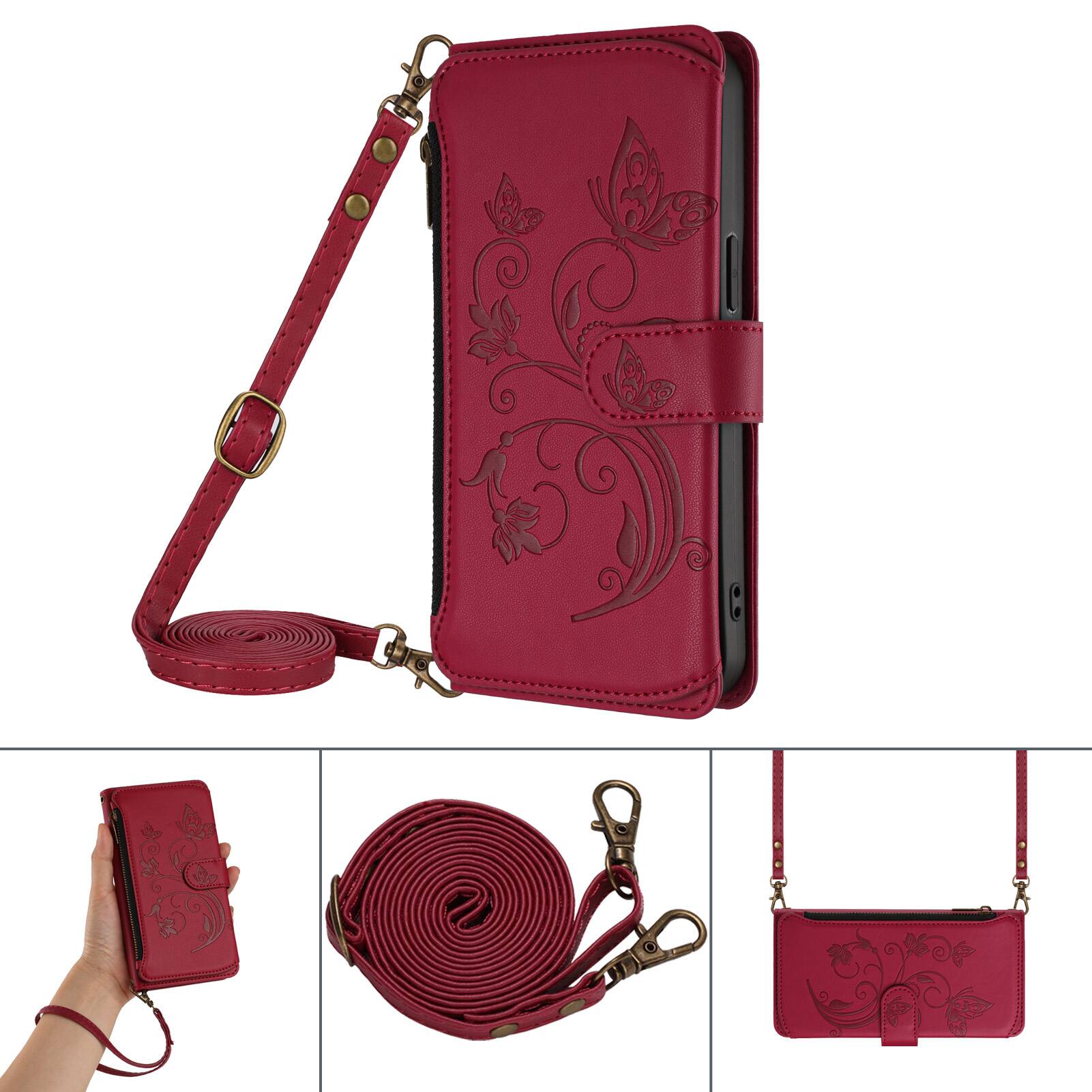 Alt View 4. Dteck - Butterfly Flower Wallet Case for Apple iPhone 17,Crossbody Zipper Pocket Magnetic Closure Flip Shockproof Cover+Lanyard - Red.