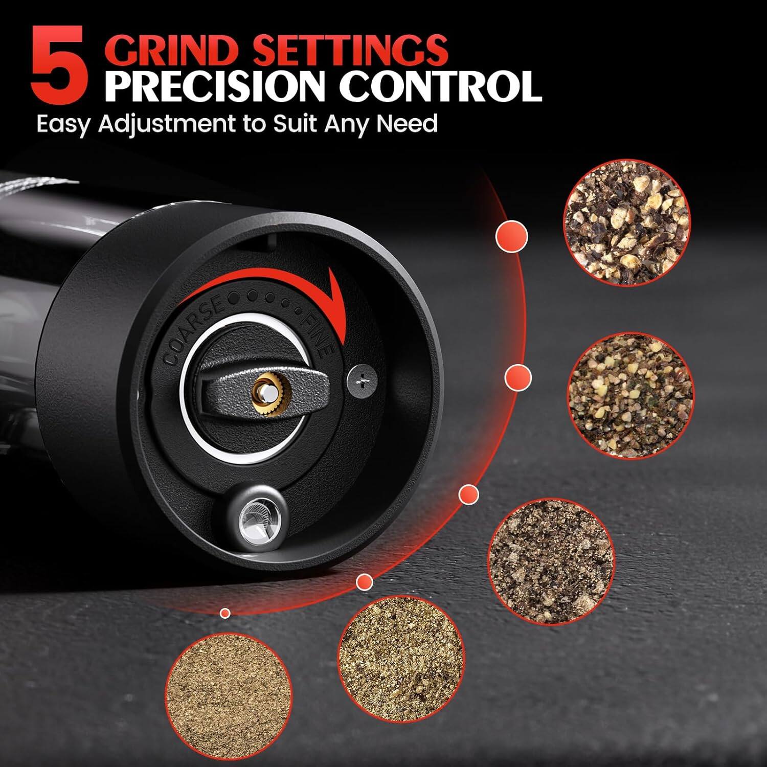 5 GRIND SETTINGS PRECISION CONTROL  
Easy Adjustment to Suit Any Need