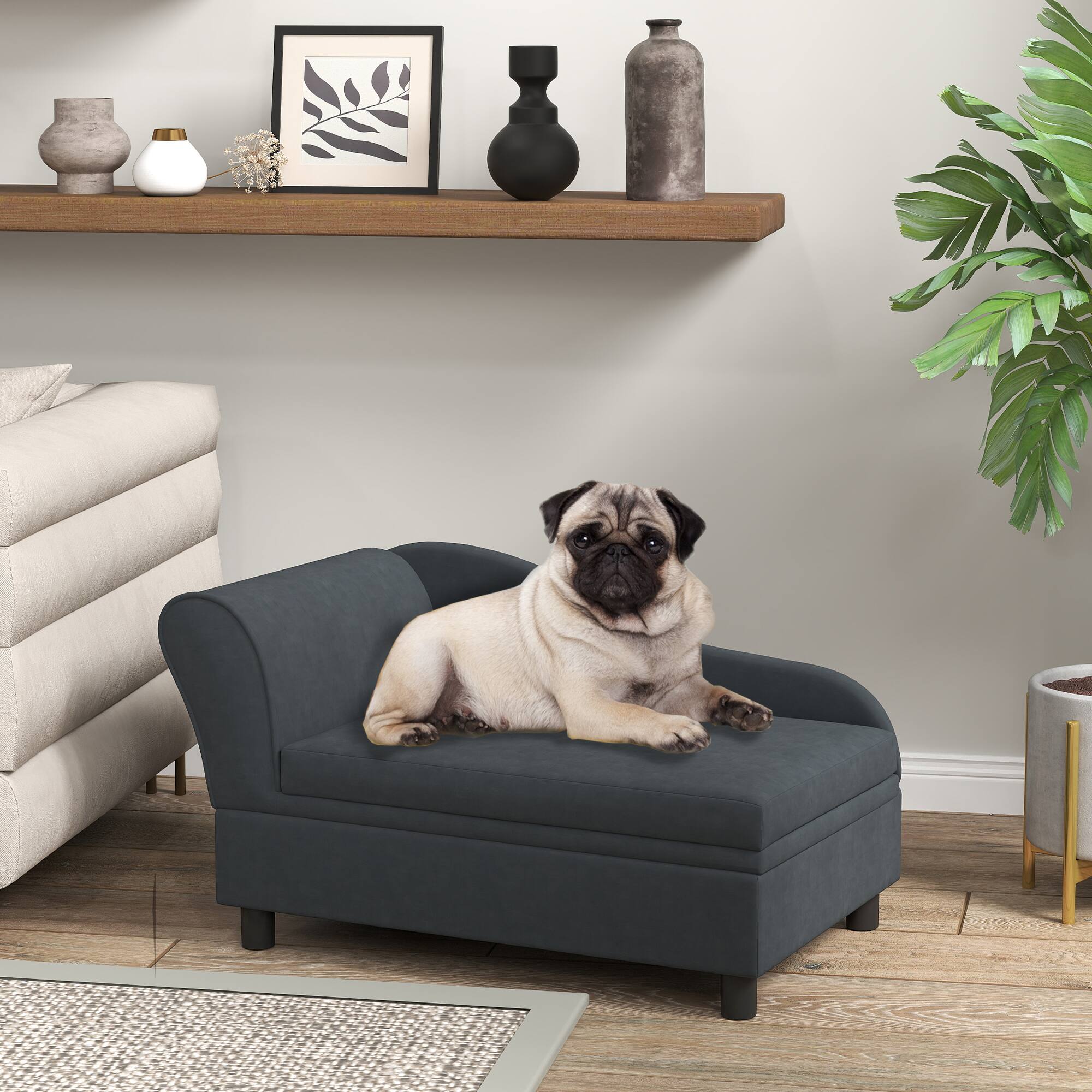 Angle. Pawhut - Luxury Dog Couch with Hidden Storage, Small Dog Sofa Bed with 2" Soft Foam, Puppies & Little Breeds - Dark Gray.