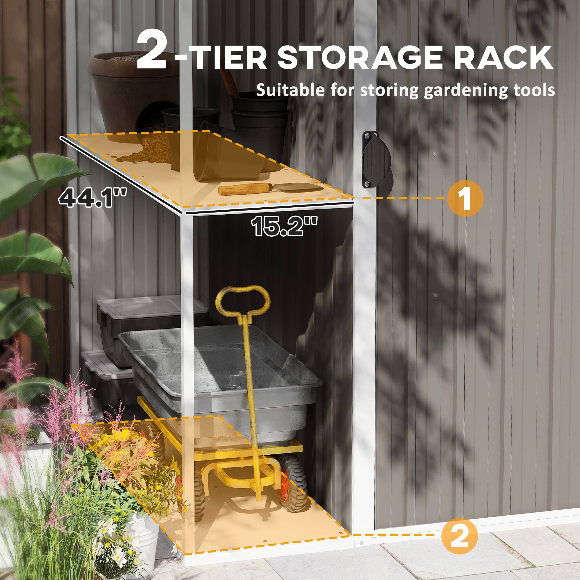 2-TIER STORAGE RACK Suitable for storing gardening tools 44.1" 15.2" 1 2