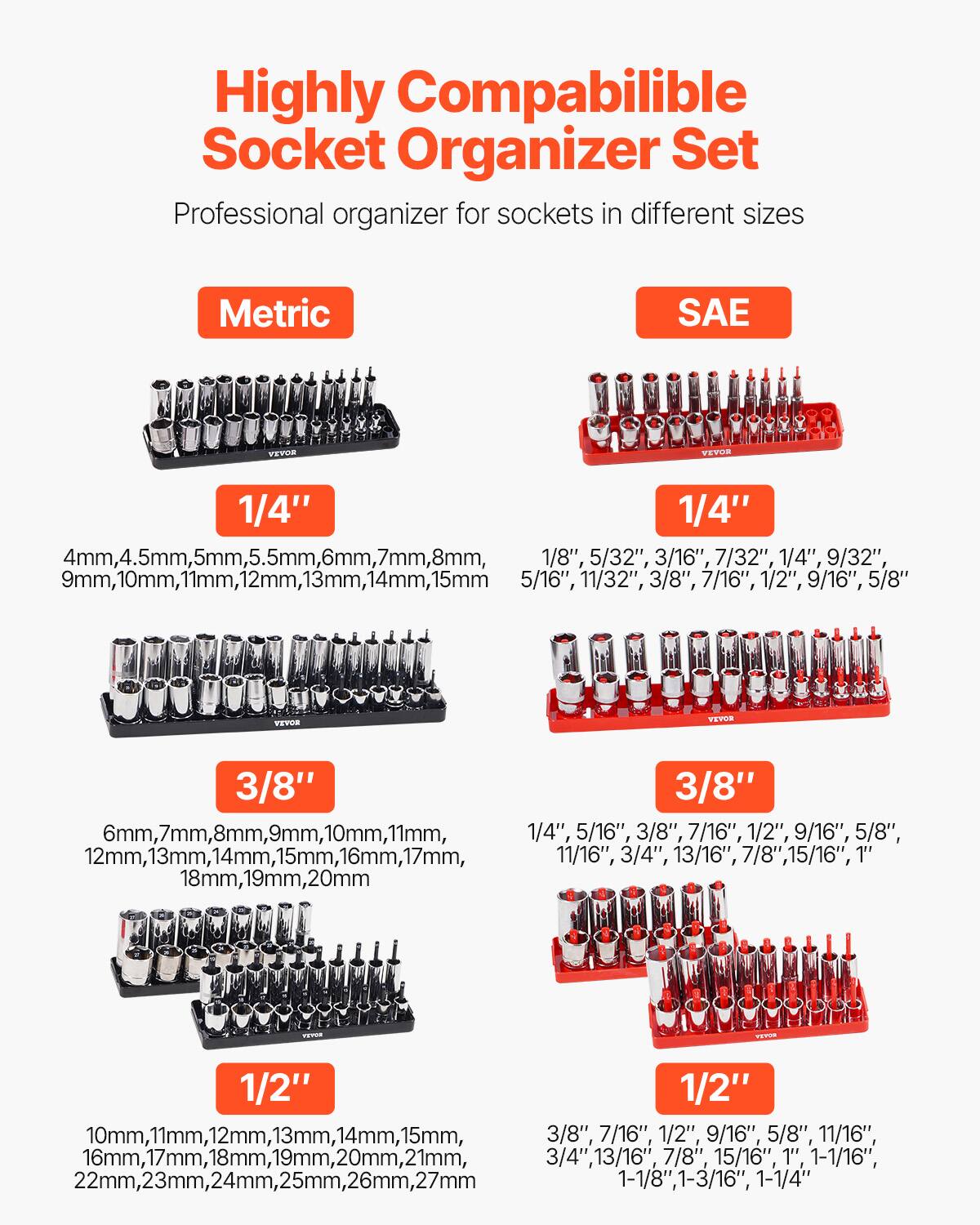 Highly Compatible Socket Organizer Set  
Professional organizer for sockets in different sizes  

**Metric**  
- 1/4"  
  4mm, 4.5mm, 5mm, 5.5mm, 6mm, 7mm, 8mm, 9mm, 10mm, 11mm, 12mm, 13mm, 14mm, 15mm  
- 3/8"  
  6mm, 7mm, 8mm, 9mm, 10mm, 11mm, 12mm, 13mm, 14mm, 15mm, 16mm, 17mm, 18mm, 19mm, 20mm  
- 1/2"  
  10mm, 11mm, 12mm, 13mm, 14mm, 15mm, 16mm, 17mm, 18mm, 19mm, 20mm, 21mm, 22mm, 23mm, 24mm, 