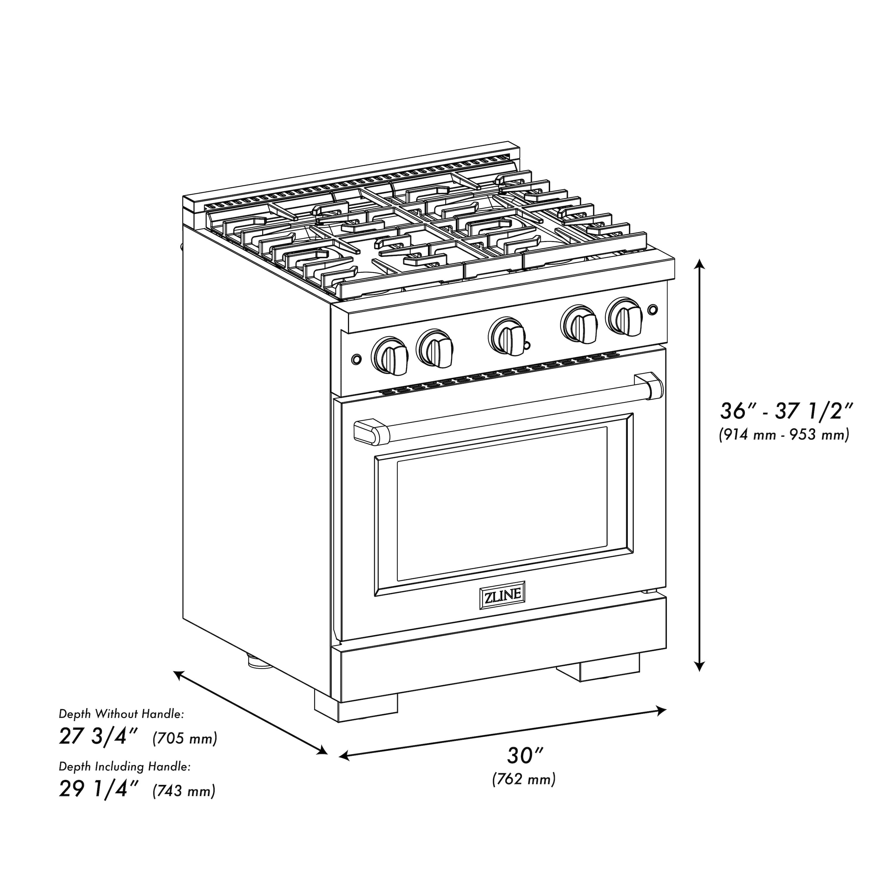 The image shows a stove with a white body and black knobs. The stove has a depth of 27 3/4" (705 mm) without the handle and 29 1/4" (743 mm) including the handle. The stove is 36" - 37 3/4" (914 mm - 953 mm) in length.
